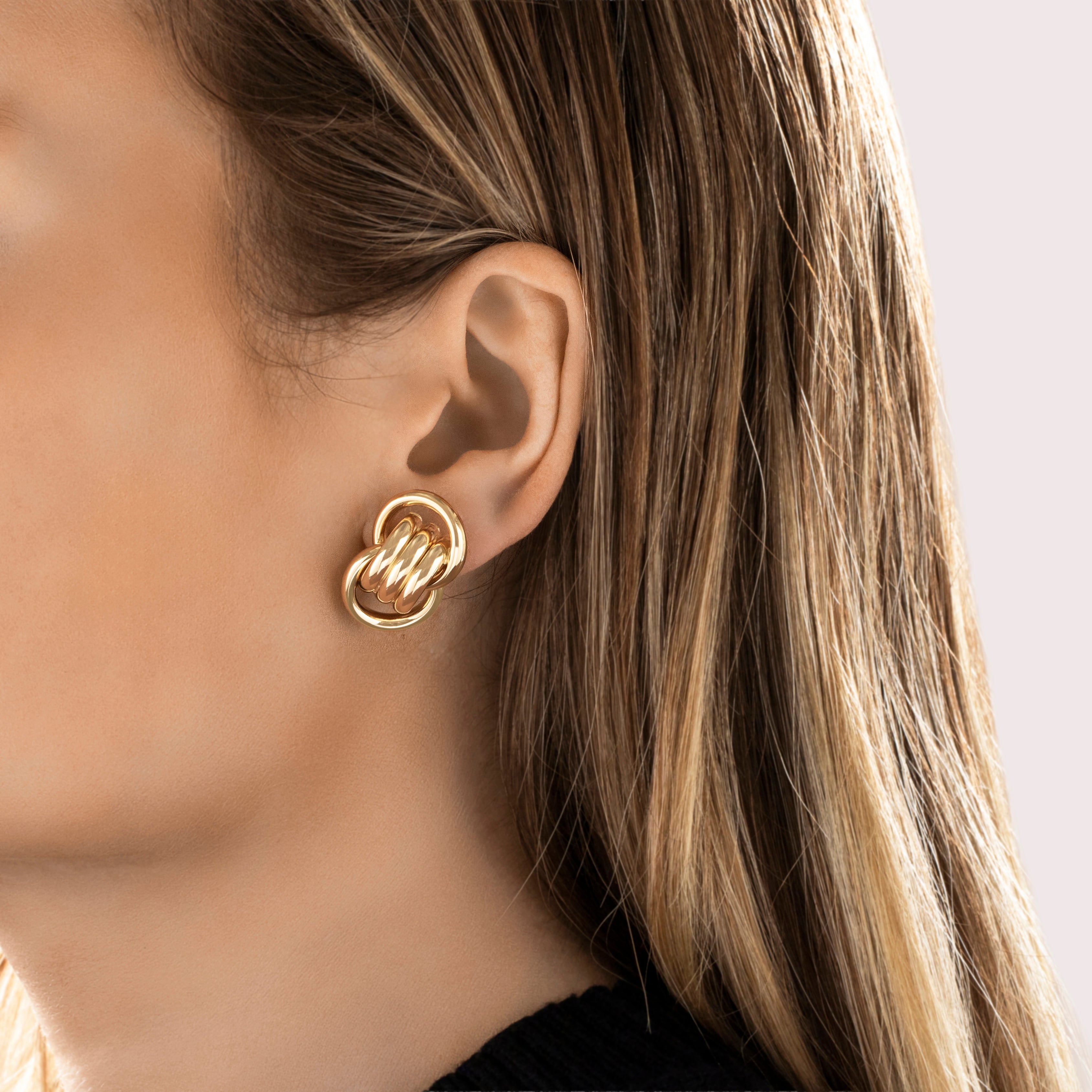 Vintage 14K Yellow Gold Doorknocker Stud Earrings - On model view