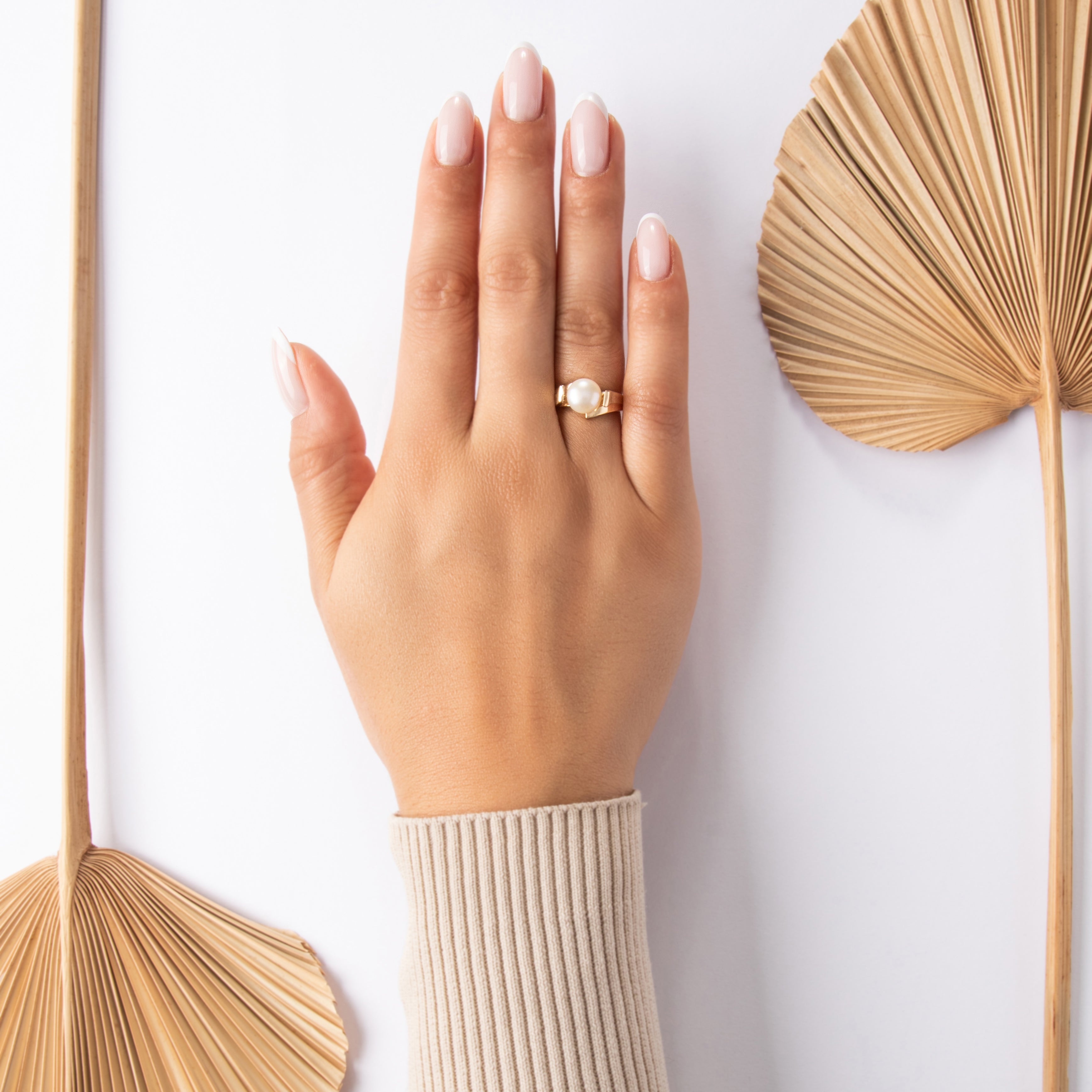 Vintage 10k Yellow Gold Pearl Dual Textured Illusion Bypass Ring - On model view