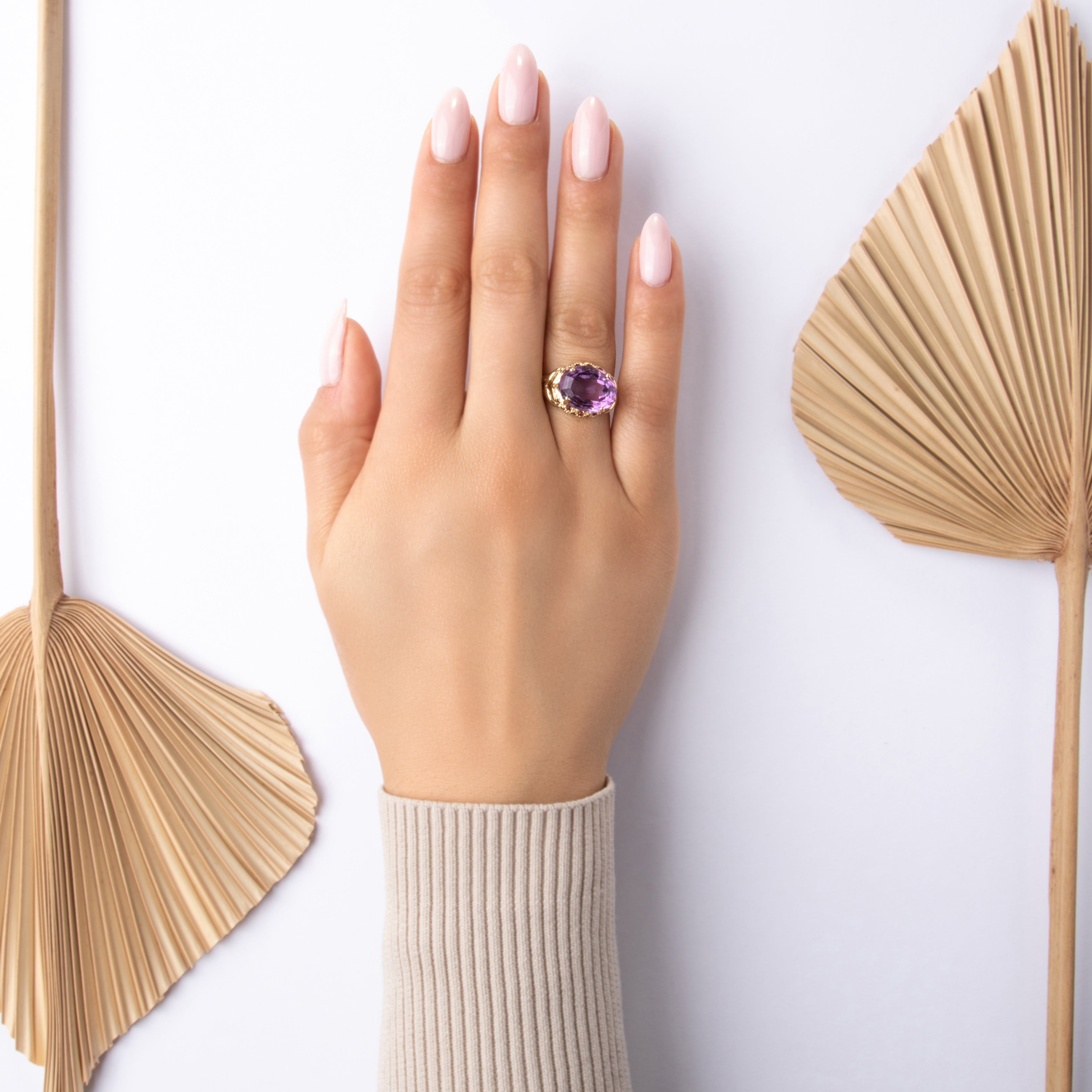 Vintage 10k Yellow Gold 7.1ct Amethyst Garnet Bold East-West Oval Cocktail Ring - On model view
