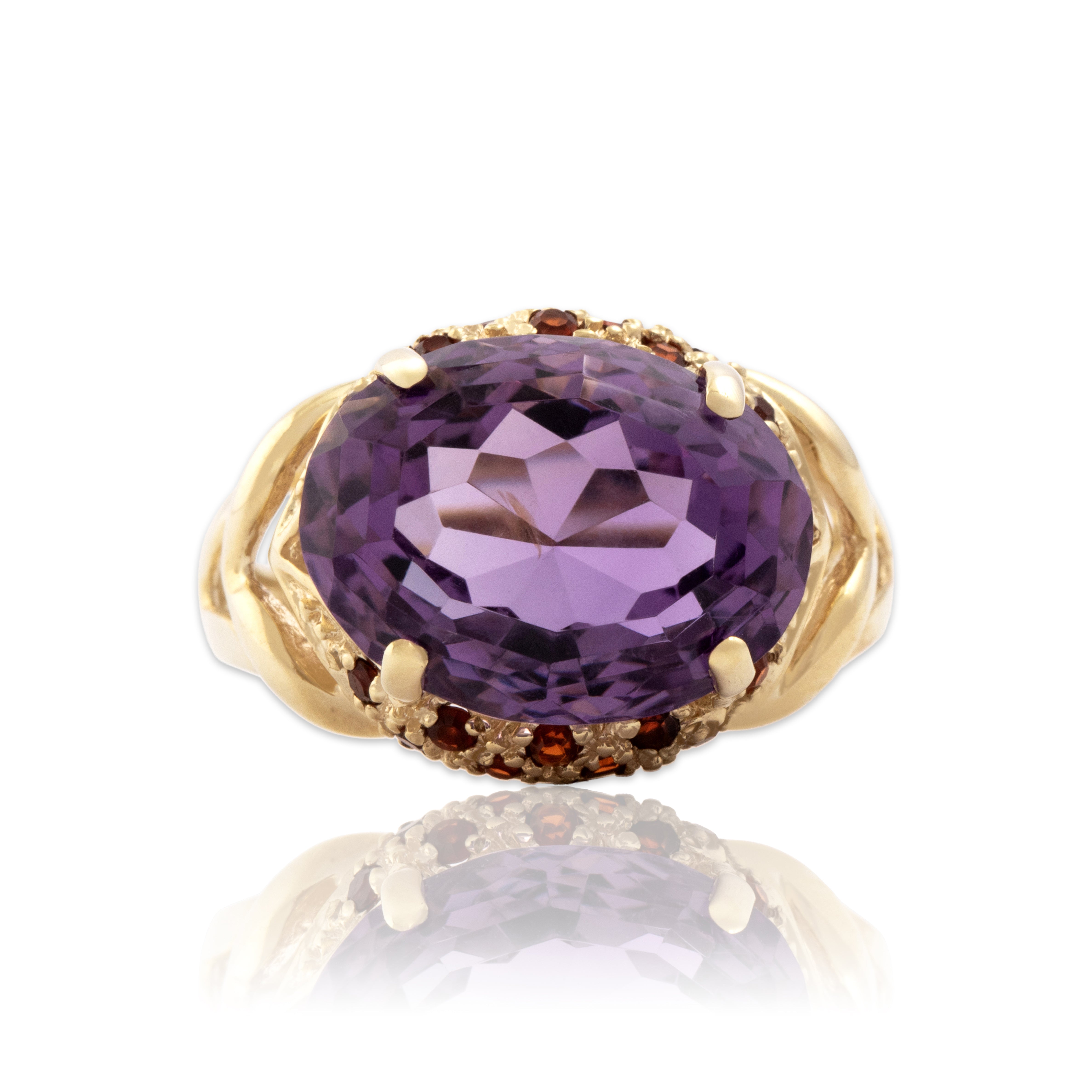 Vintage 10k Yellow Gold 7.1ct Amethyst Garnet Bold East-West Oval Cocktail Ring - Close-up view