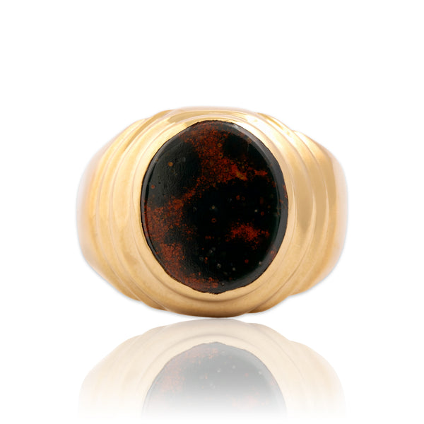 Vintage 14k Rosy Yellow Gold 2.56ct Bloodstone Ribbed Oval Signet Ring 5.50