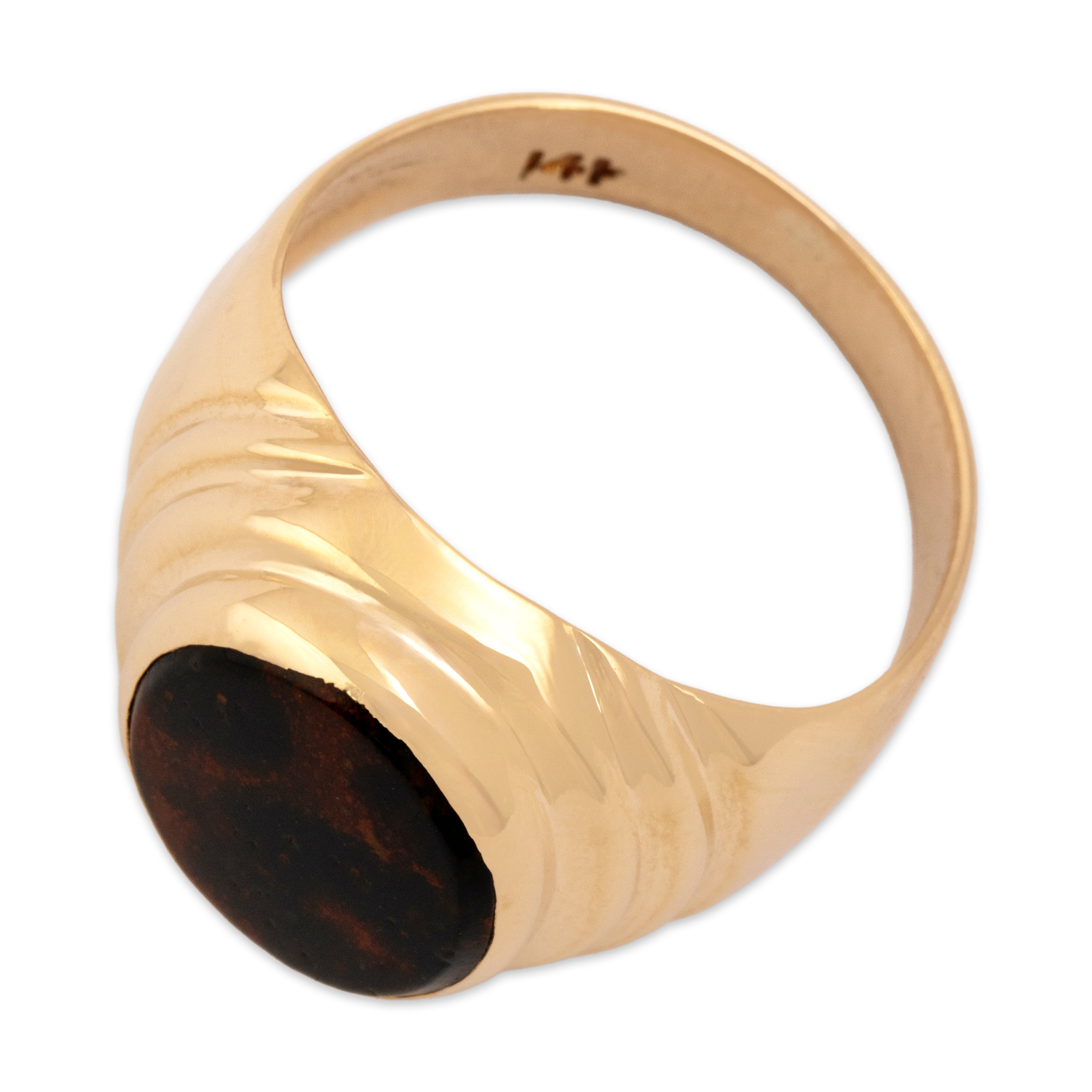 Vintage 14k Rosy Yellow Gold 2.56ct Bloodstone Wonderful Ribbed Oval Signet Ring - Overall view