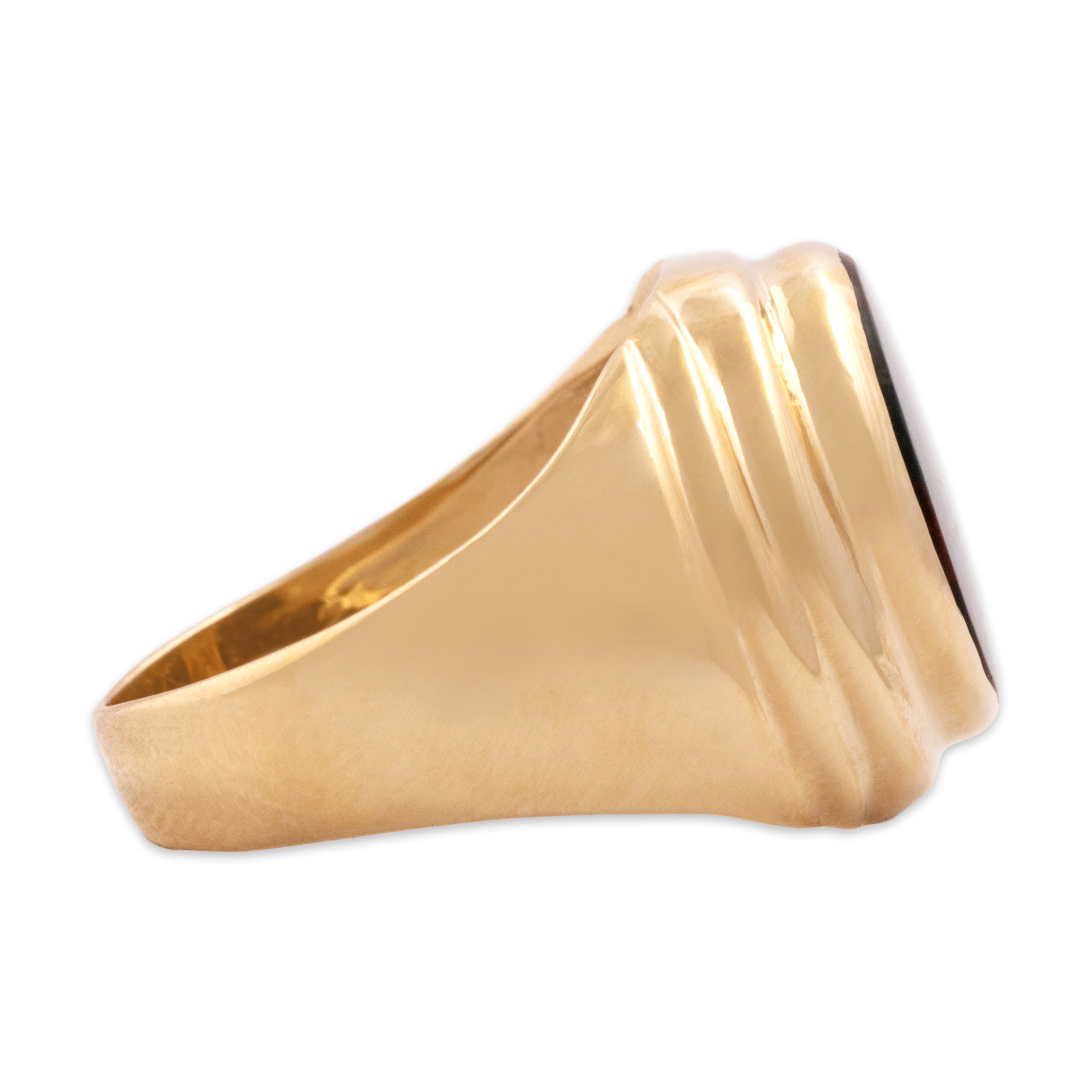 Vintage 14k Rosy Yellow Gold 2.56ct Bloodstone Wonderful Ribbed Oval Signet Ring - Side view