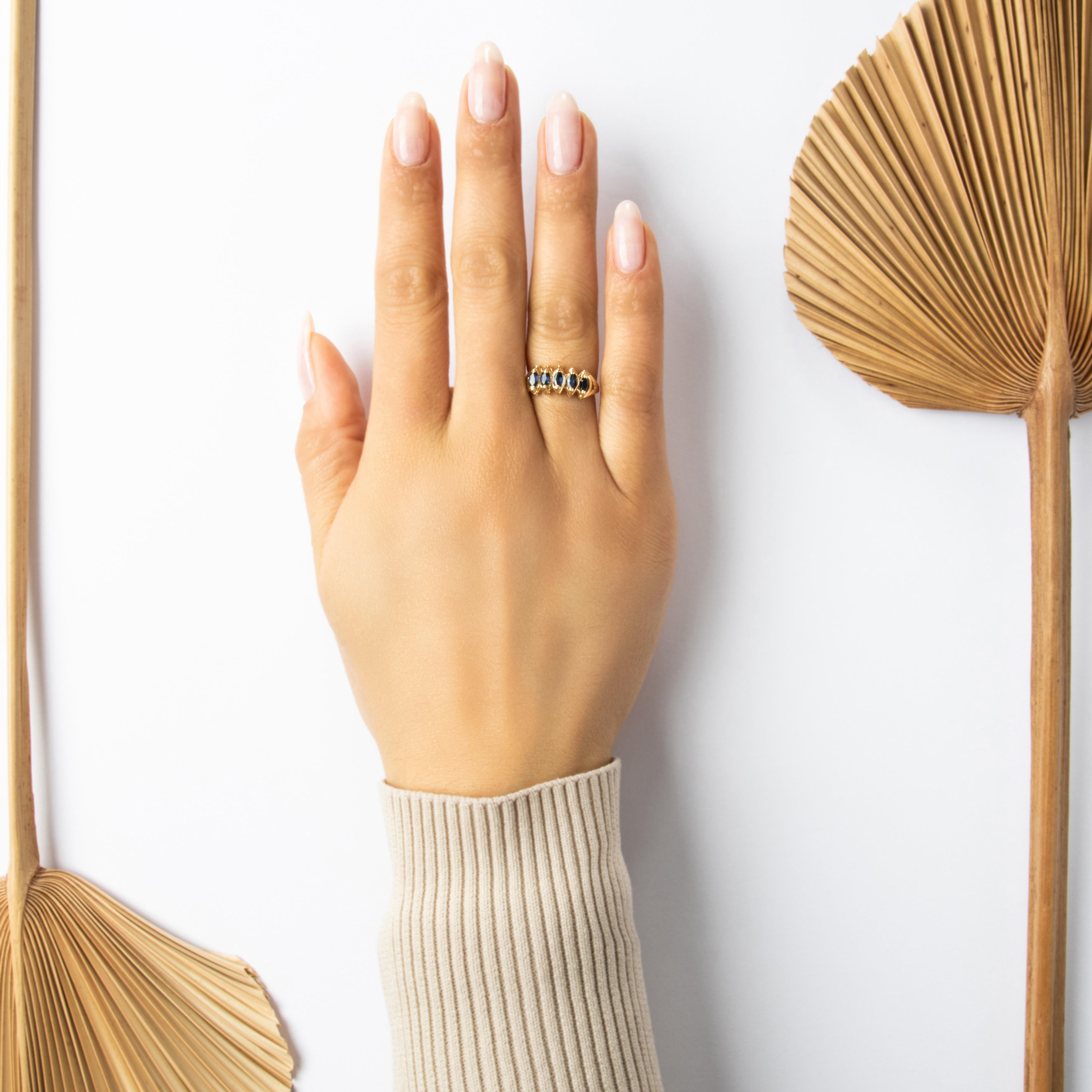 Vintage 14k Yellow Gold .55cttw Blue Sapphire Spiky Marquise Step Ring - On model view