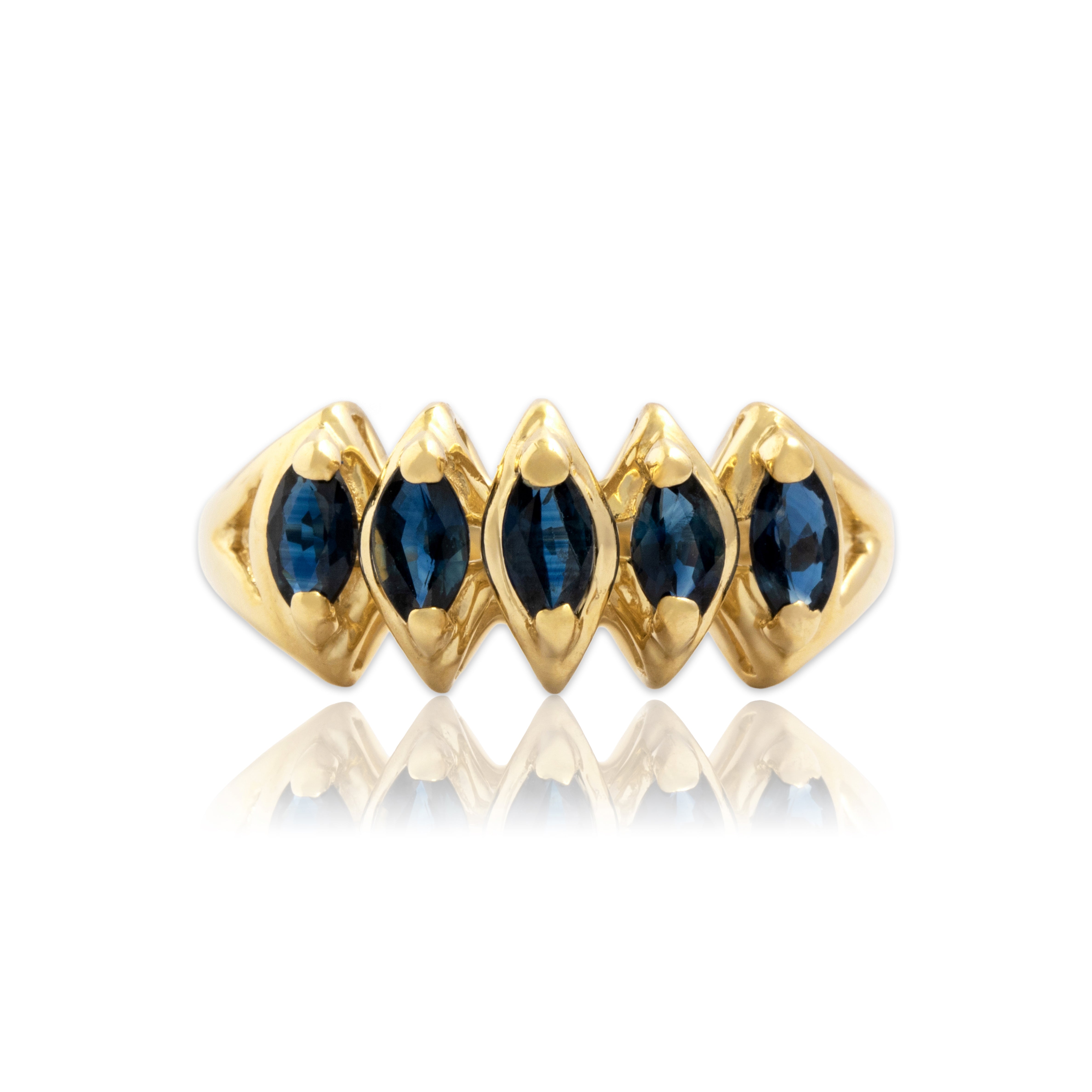 Vintage 14k Yellow Gold .55cttw Blue Sapphire Spiky Marquise Step Ring 6.50