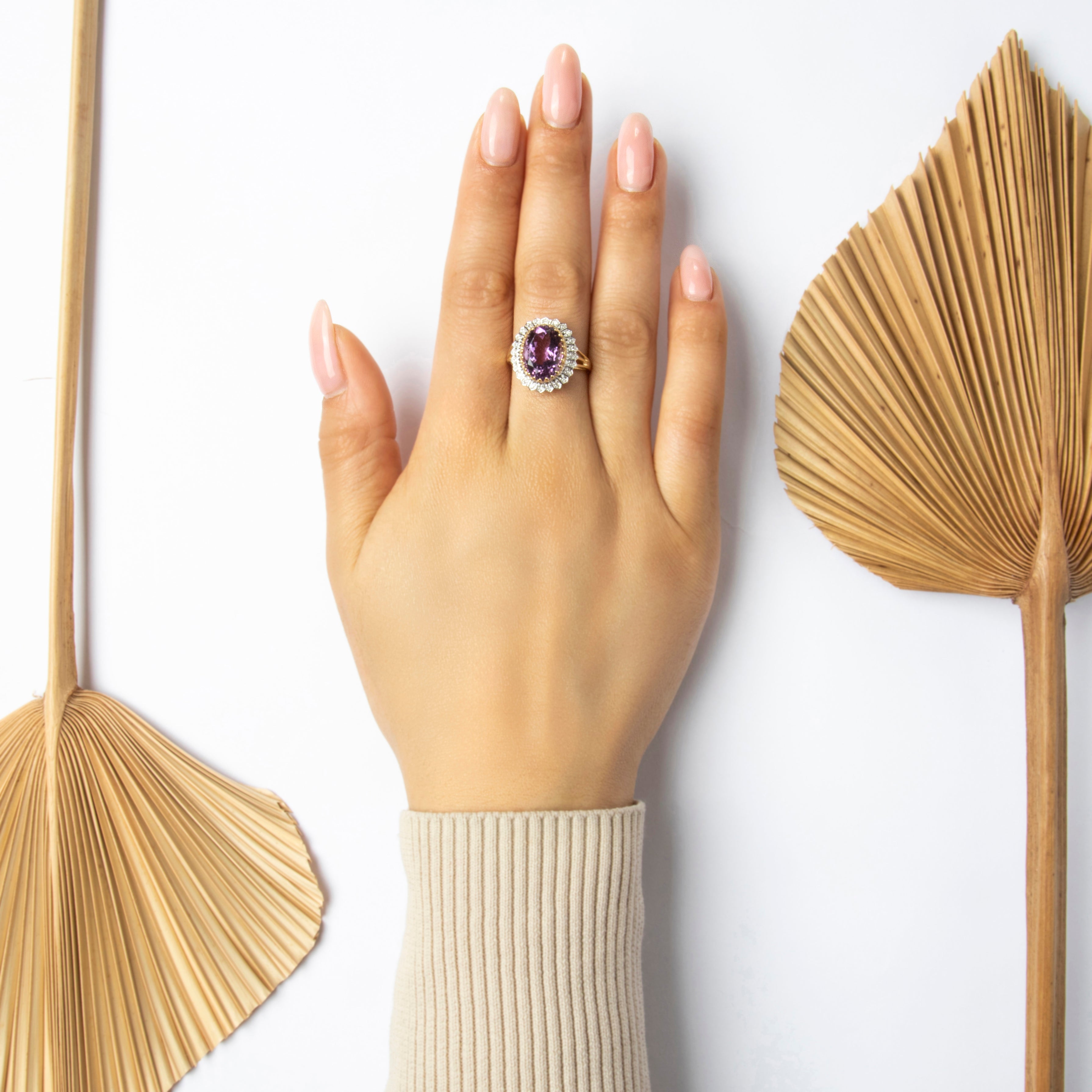 Vintage 14k Yellow & White Gold Amethyst Diamond Regal Halo Cocktail Ring - On model view