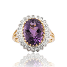 Vintage 14k Yellow & White Gold 5.51ct Amethyst Diamond Halo Cocktail Ring 9.00