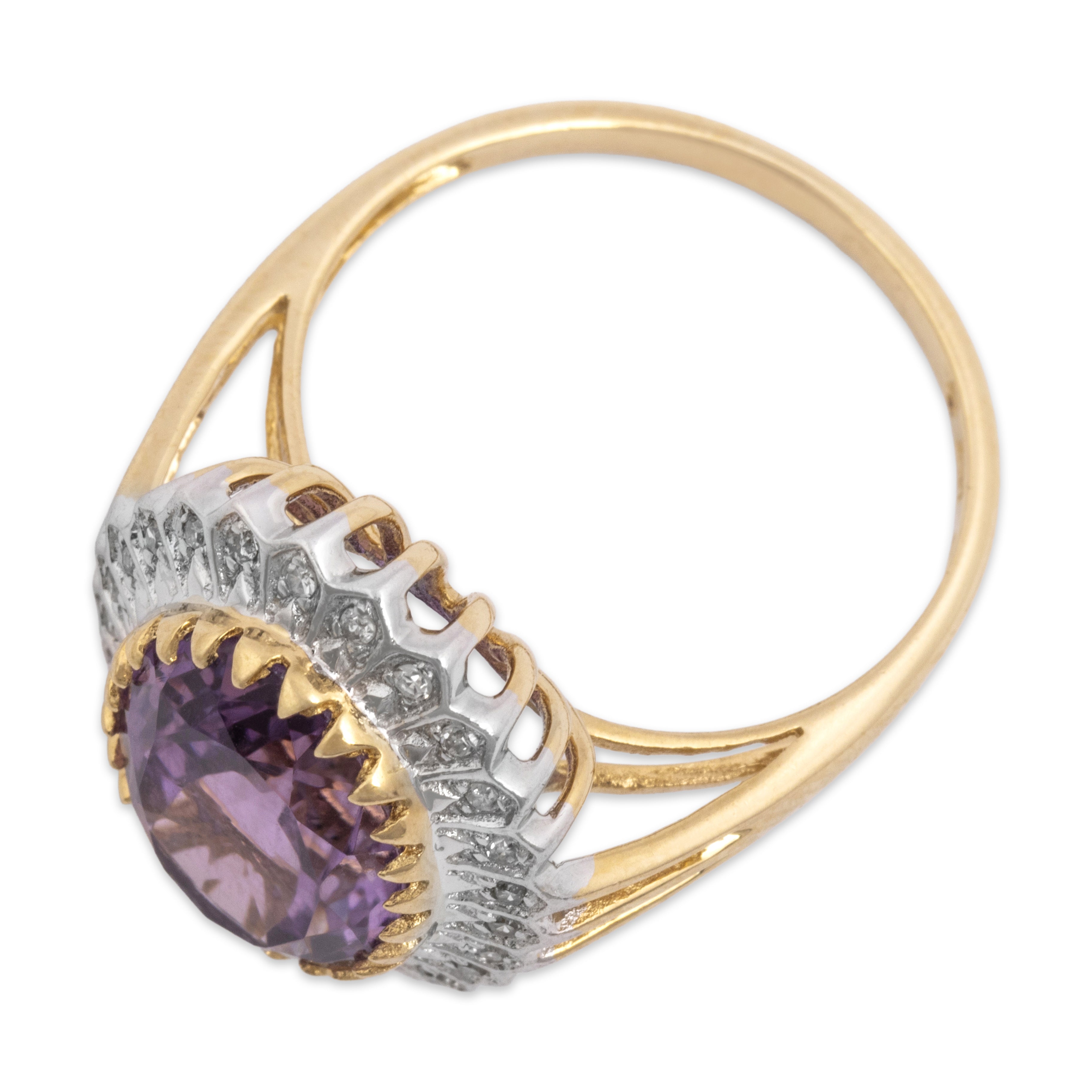 Vintage 14k Yellow & White Gold Amethyst Diamond Regal Halo Cocktail Ring - Overall view
