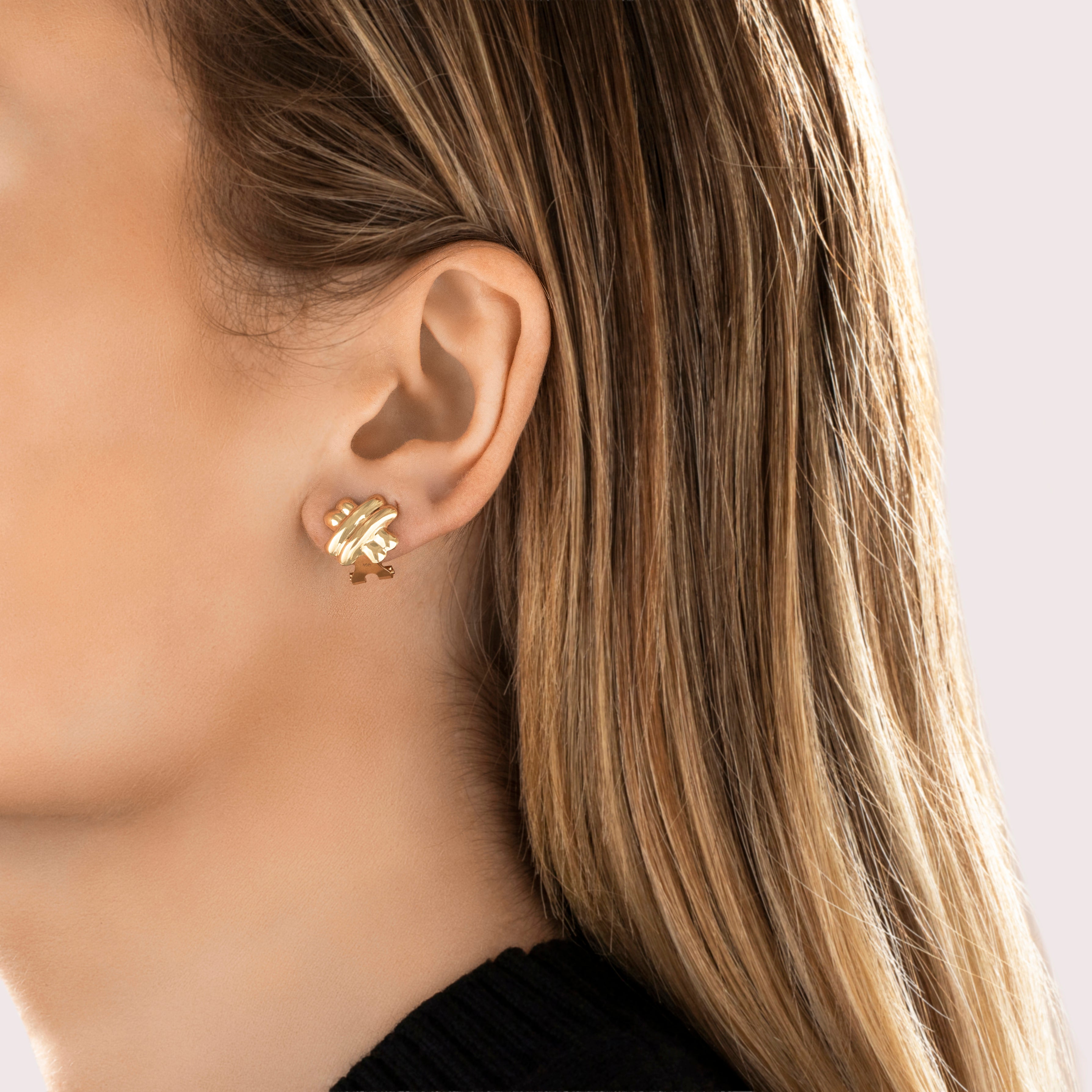 Vintage 14K Yellow Gold Ribbed X Stud Earrings - On model view