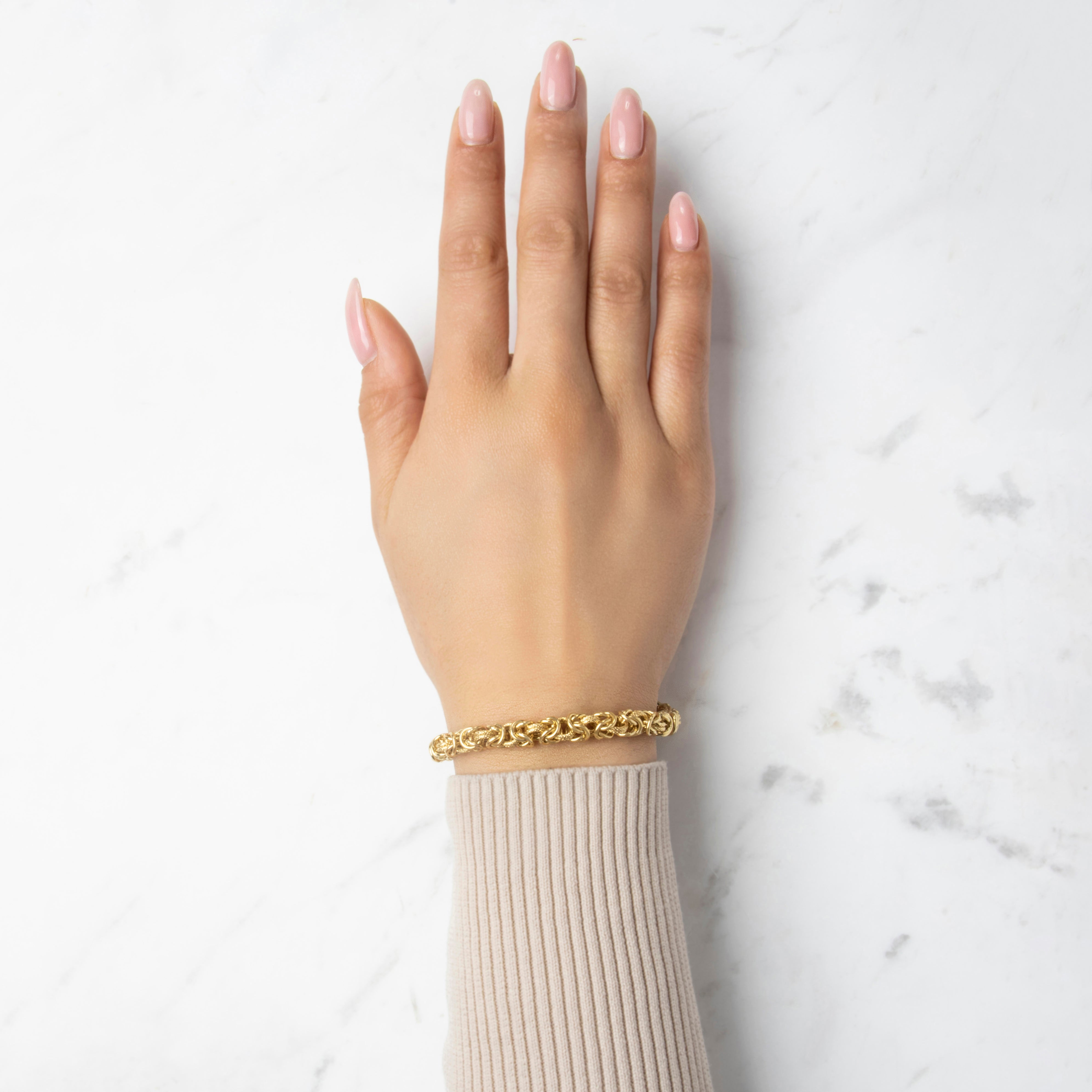 Vintage Italian 14k Yellow Gold Incredible Textured Byzantine Link Bracelet - On model view