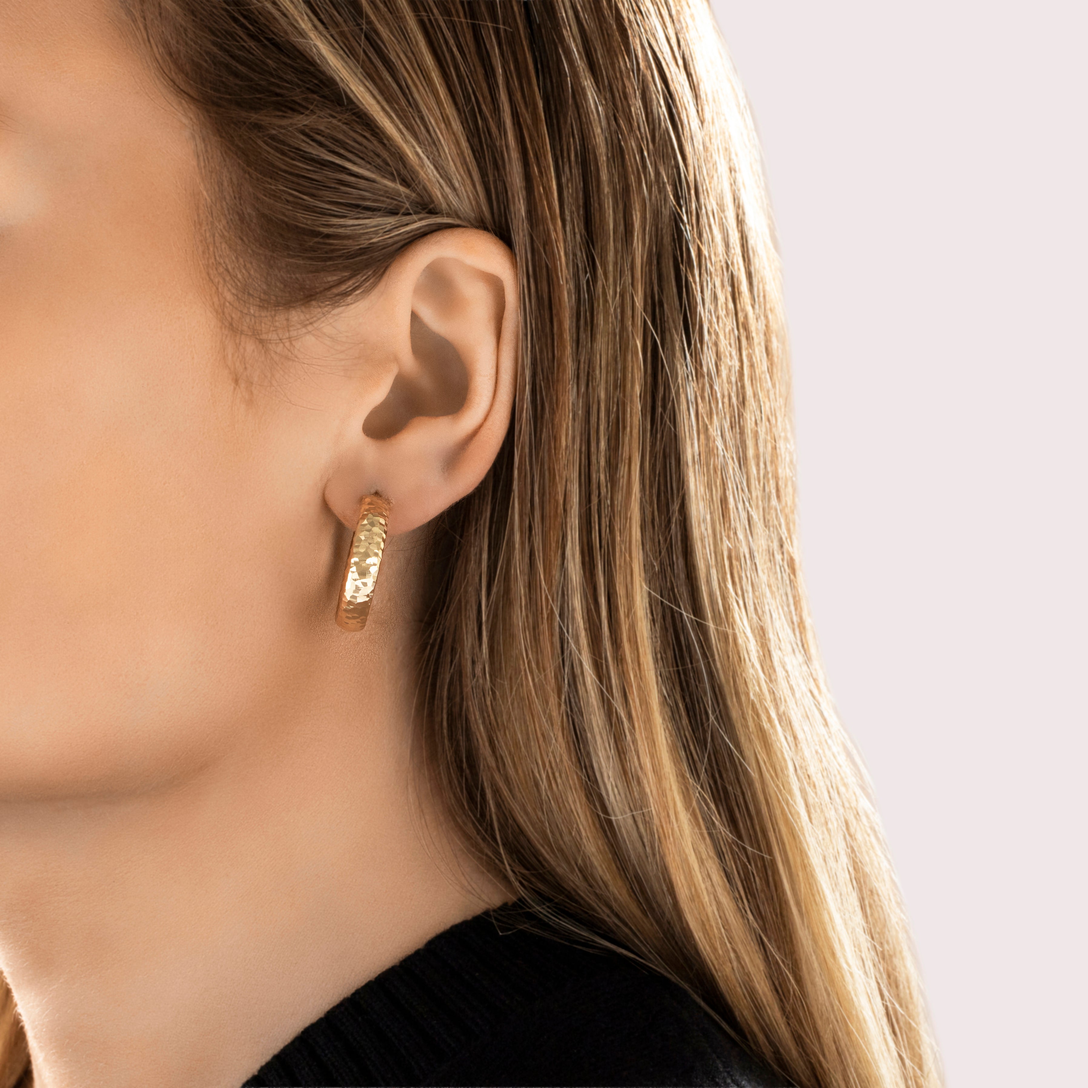 Vintage 14K Yellow Gold Etched Textured Hoop Earrings - On model view