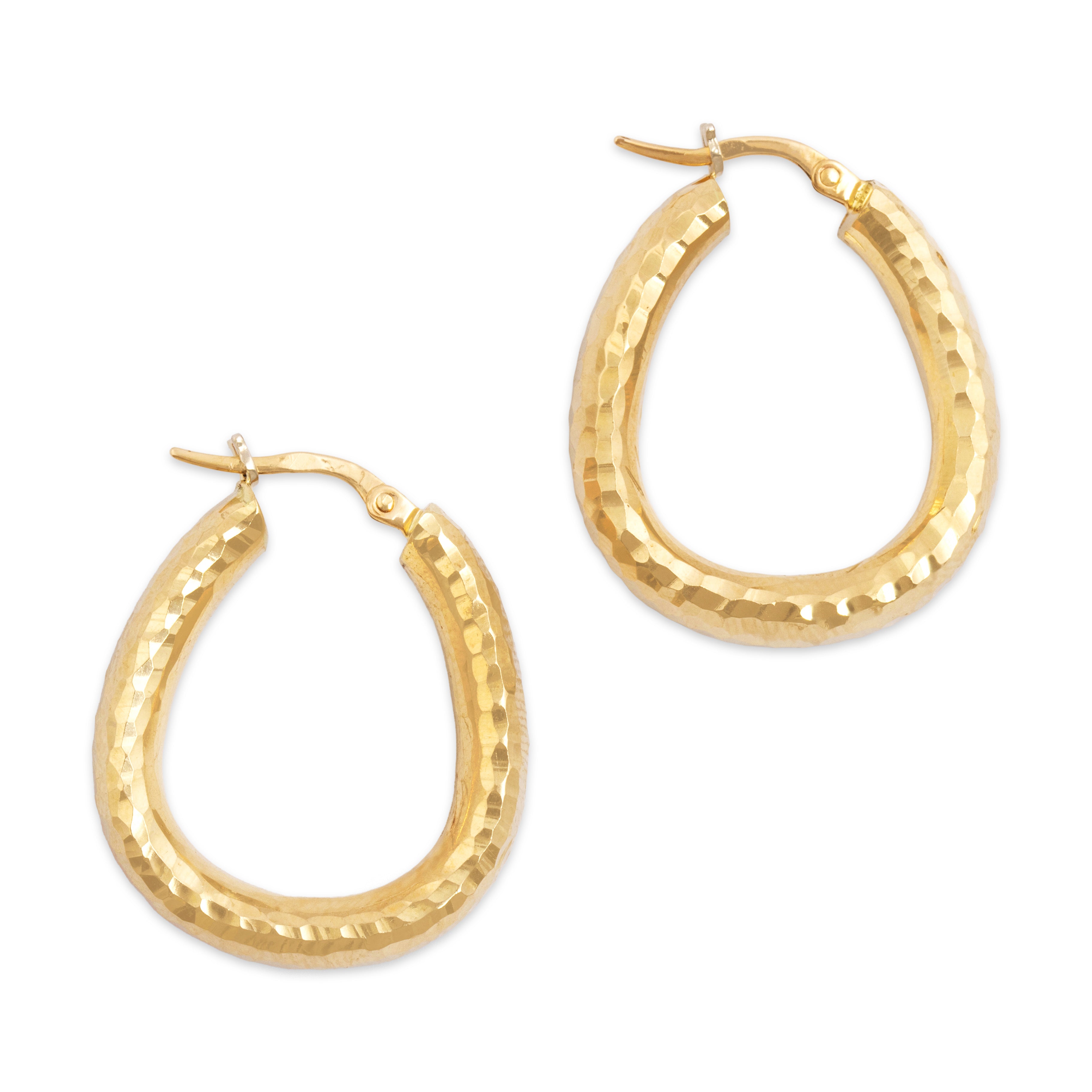 Vintage 14k Yellow Gold Oblong Hammered Textured Hoop Earrings