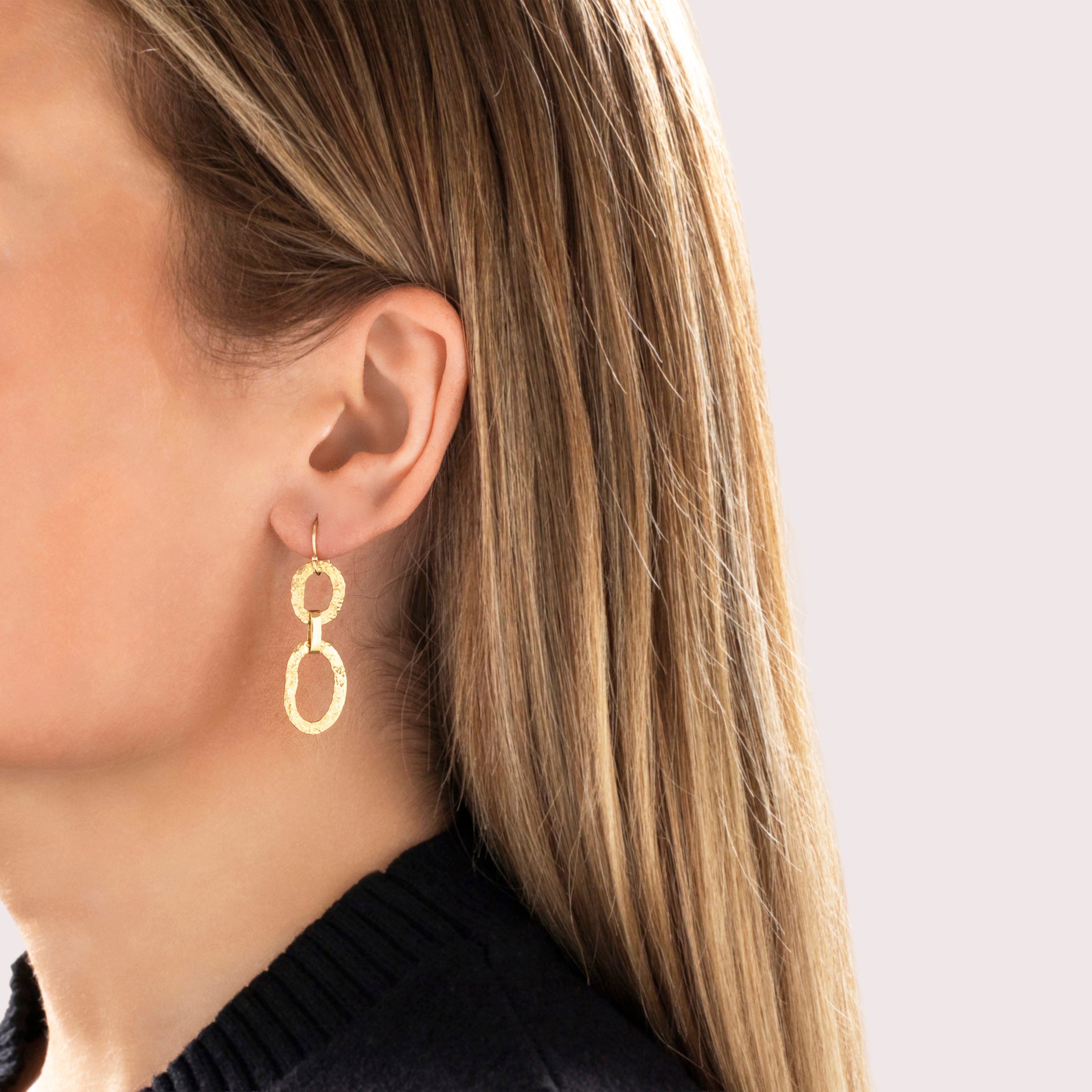 Vintage 18k Yellow Gold & 14k Yellow Gold Hammered Double Loops Dangle Earrings - On model view