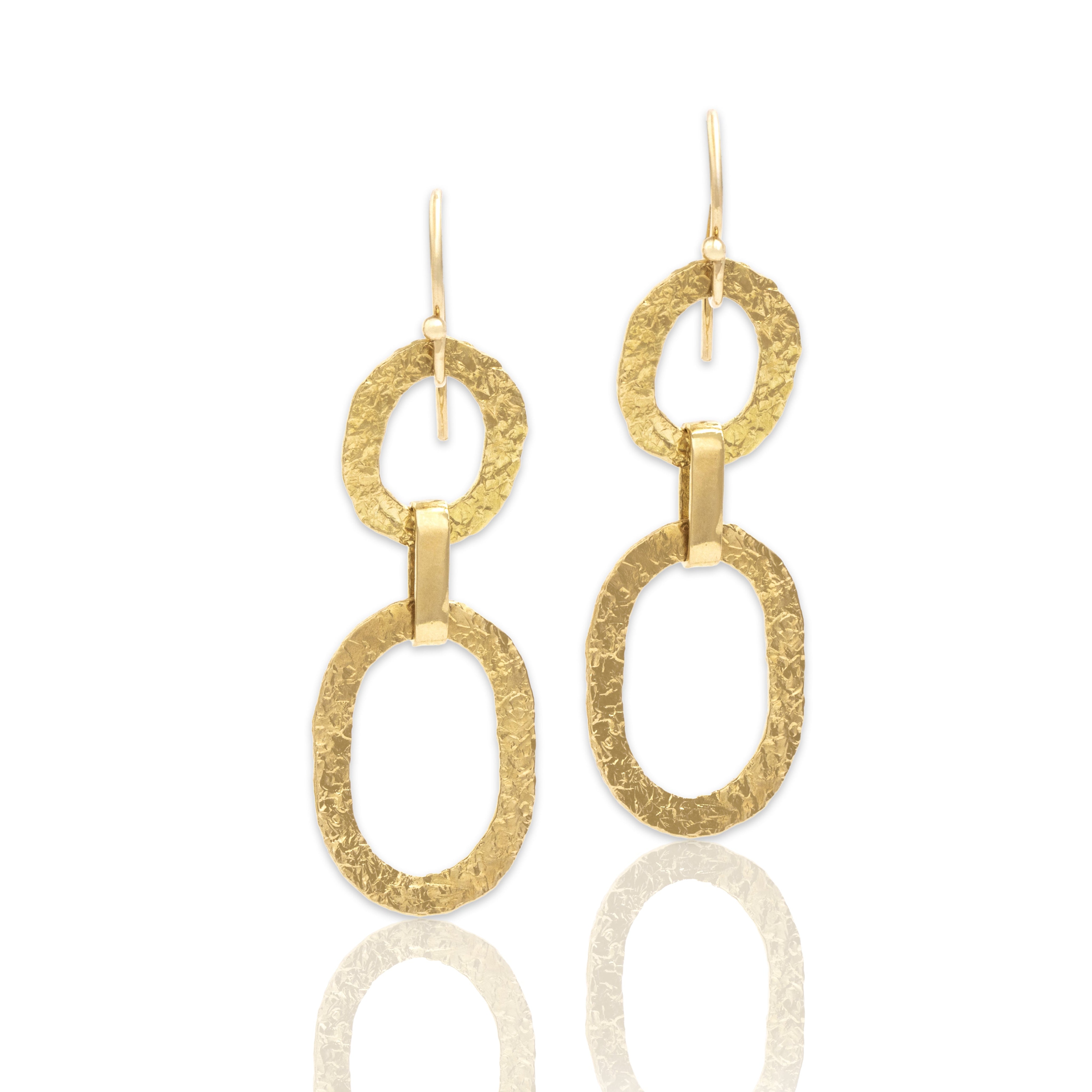 Vintage 18k Yellow Gold & 14k Yellow Gold Hammered Double Loops Dangle Earrings - Close-up view