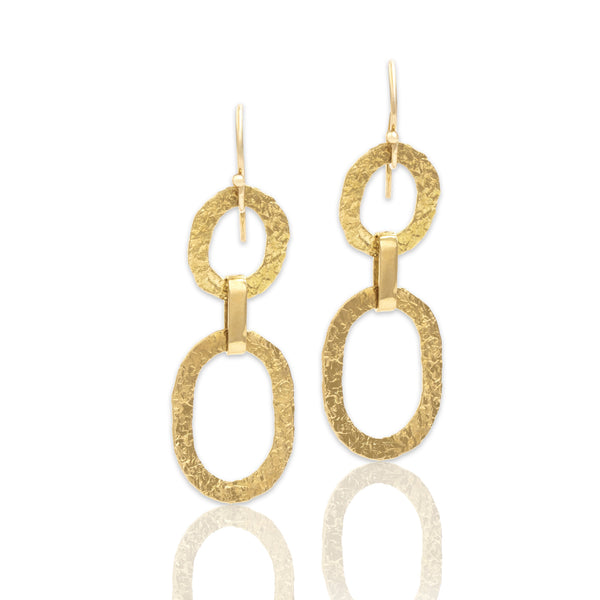 Vintage 18k & 14k Yellow Gold Chic Hammered Double Loop Dangle Earrings