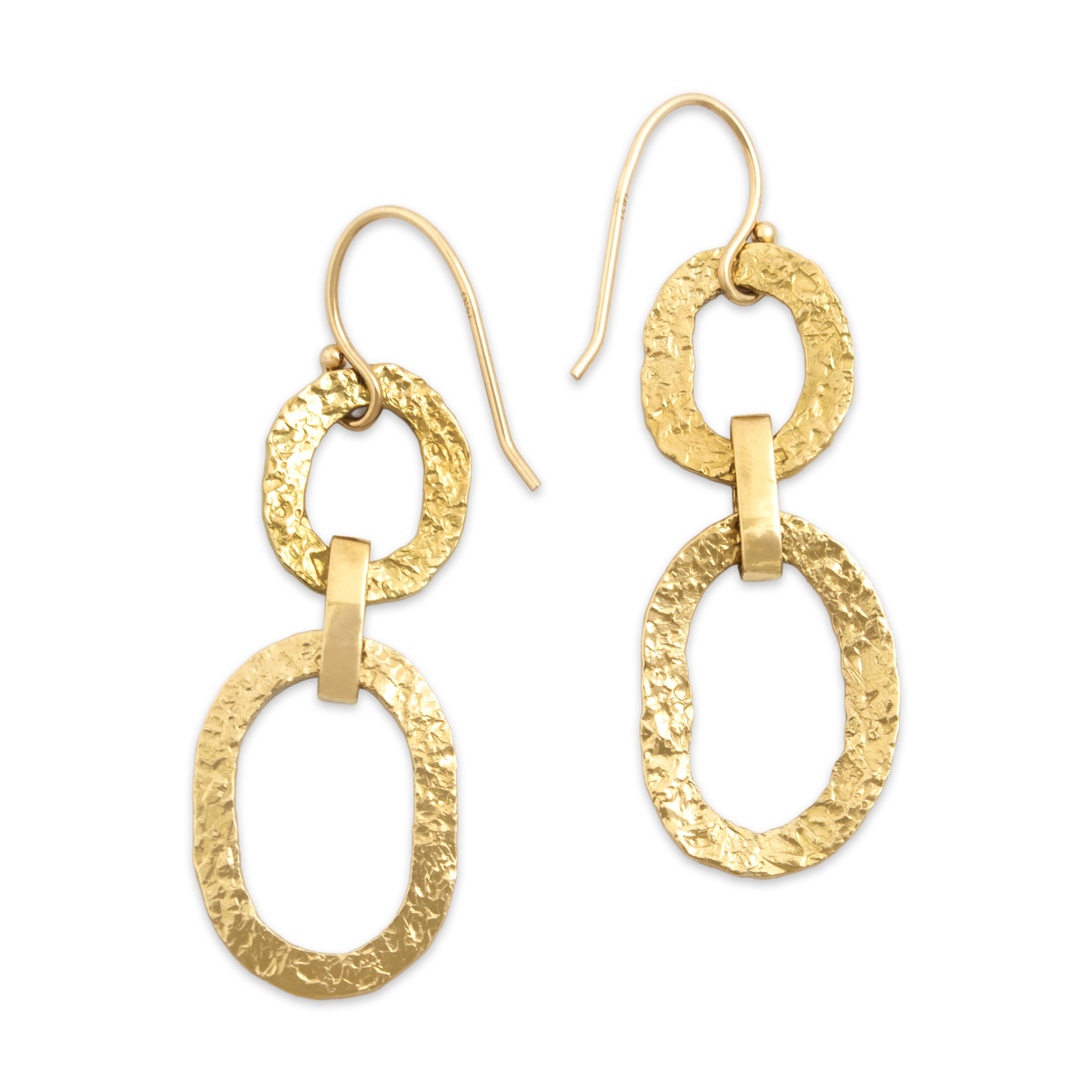 Vintage 18k Yellow Gold & 14k Yellow Gold Hammered Double Loops Dangle Earrings - Back view