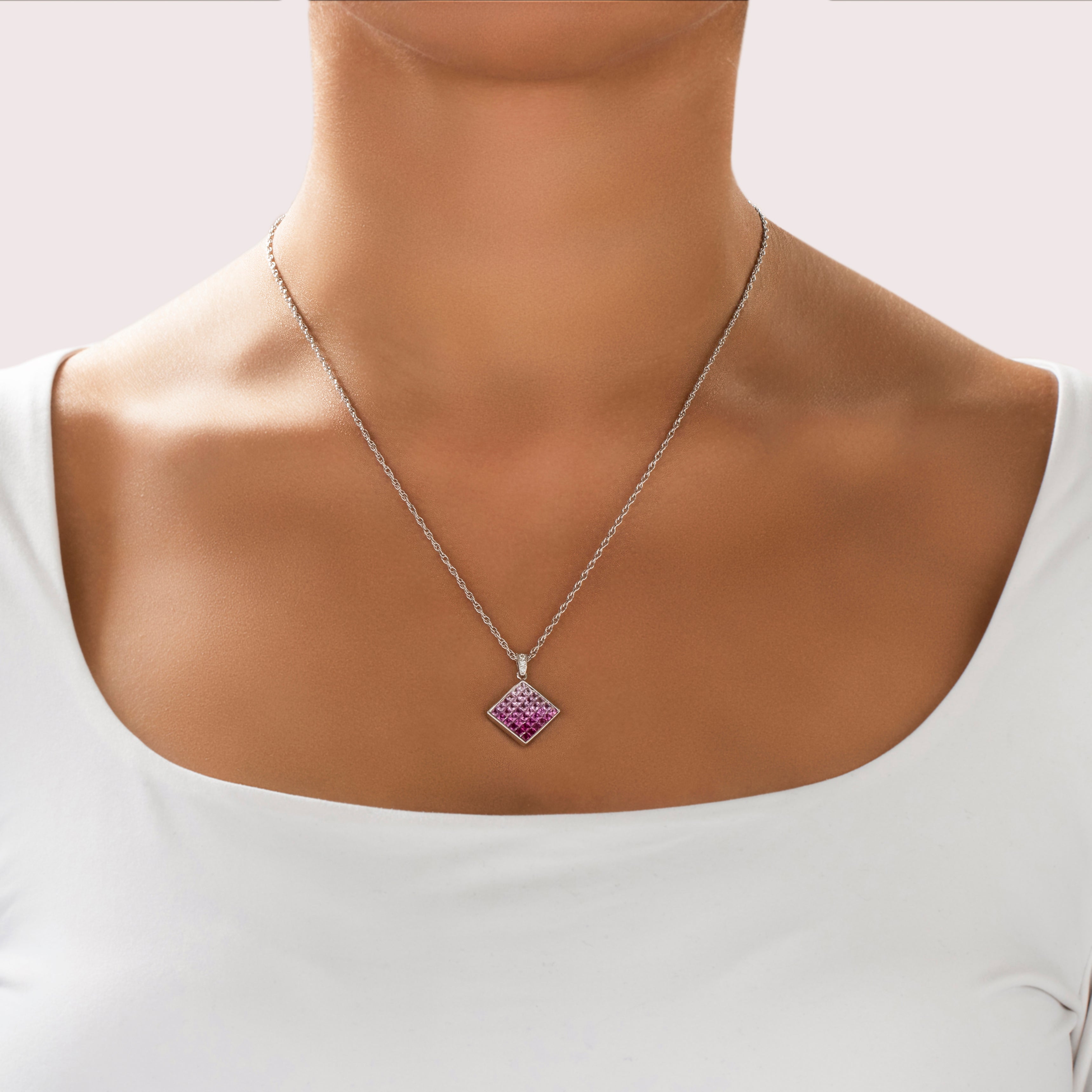 Vintage 14k White Gold 1.72cttw Pink Sapphire Diamond Perfectly Pink Ombrã© Pendant - On model view