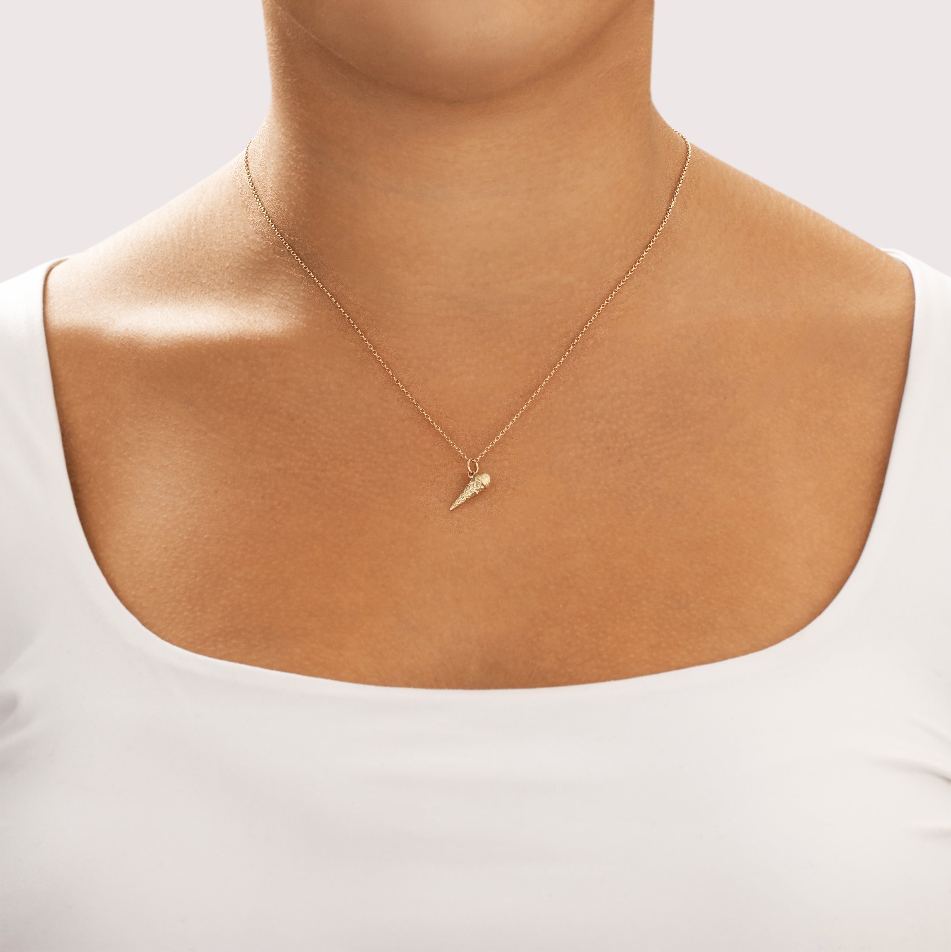 Vintage Small 14k Yellow Gold Summertime Ice Cream Cone Charm / Pendant - On model view