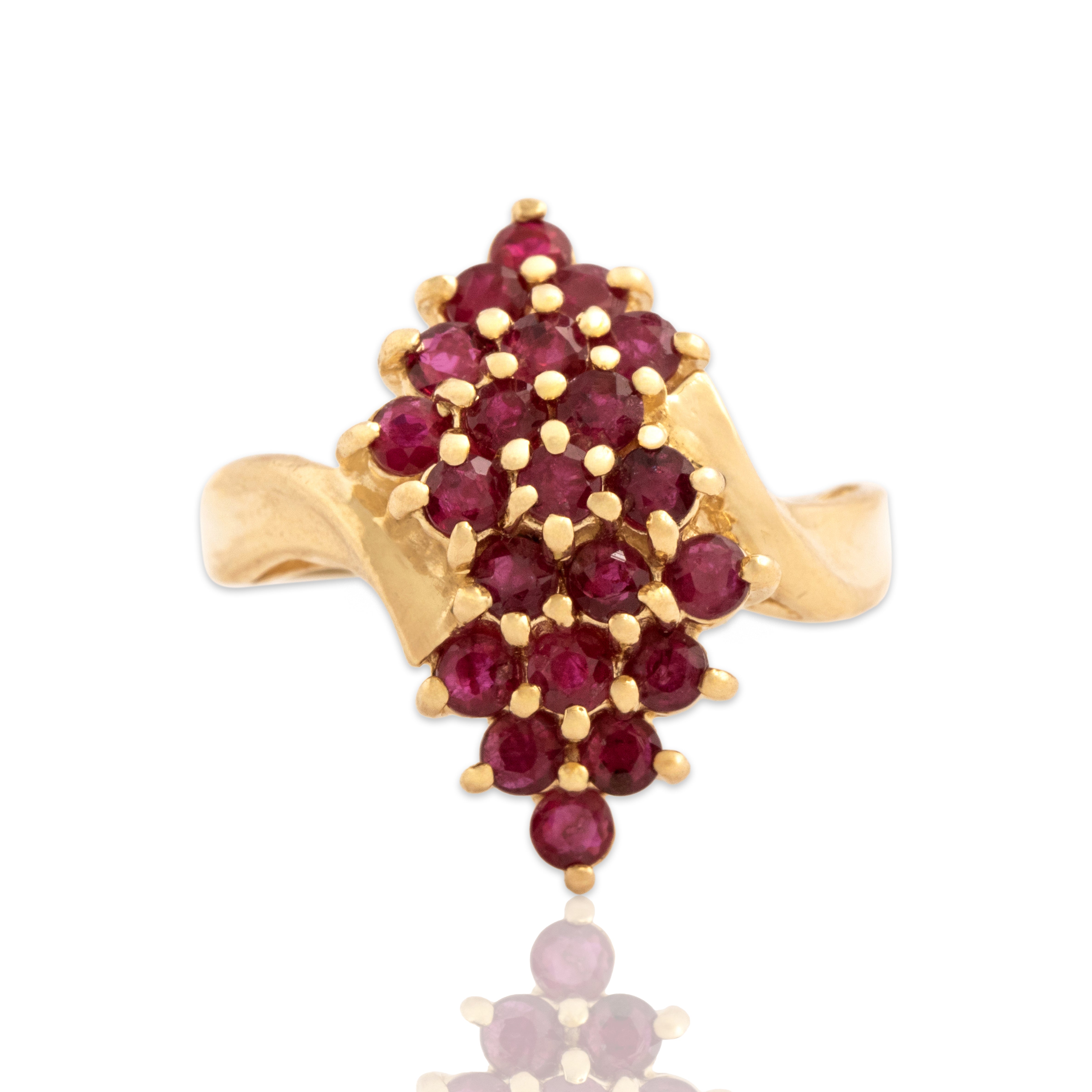 Vintage 14k Yellow Gold .88cttw Ruby Tall Flowing Cascade Ring - Close-up view