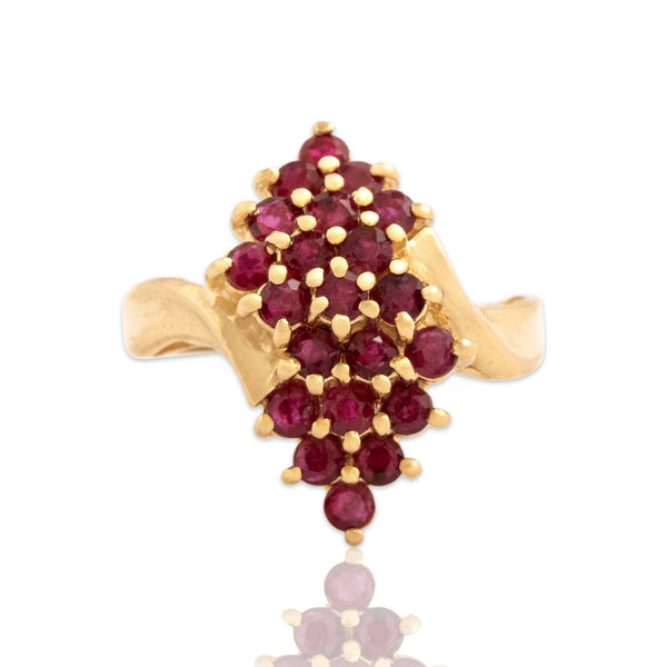 Vintage 14k Yellow Gold .88cttw Ruby Tall Flowing Cascade Ring 4.50