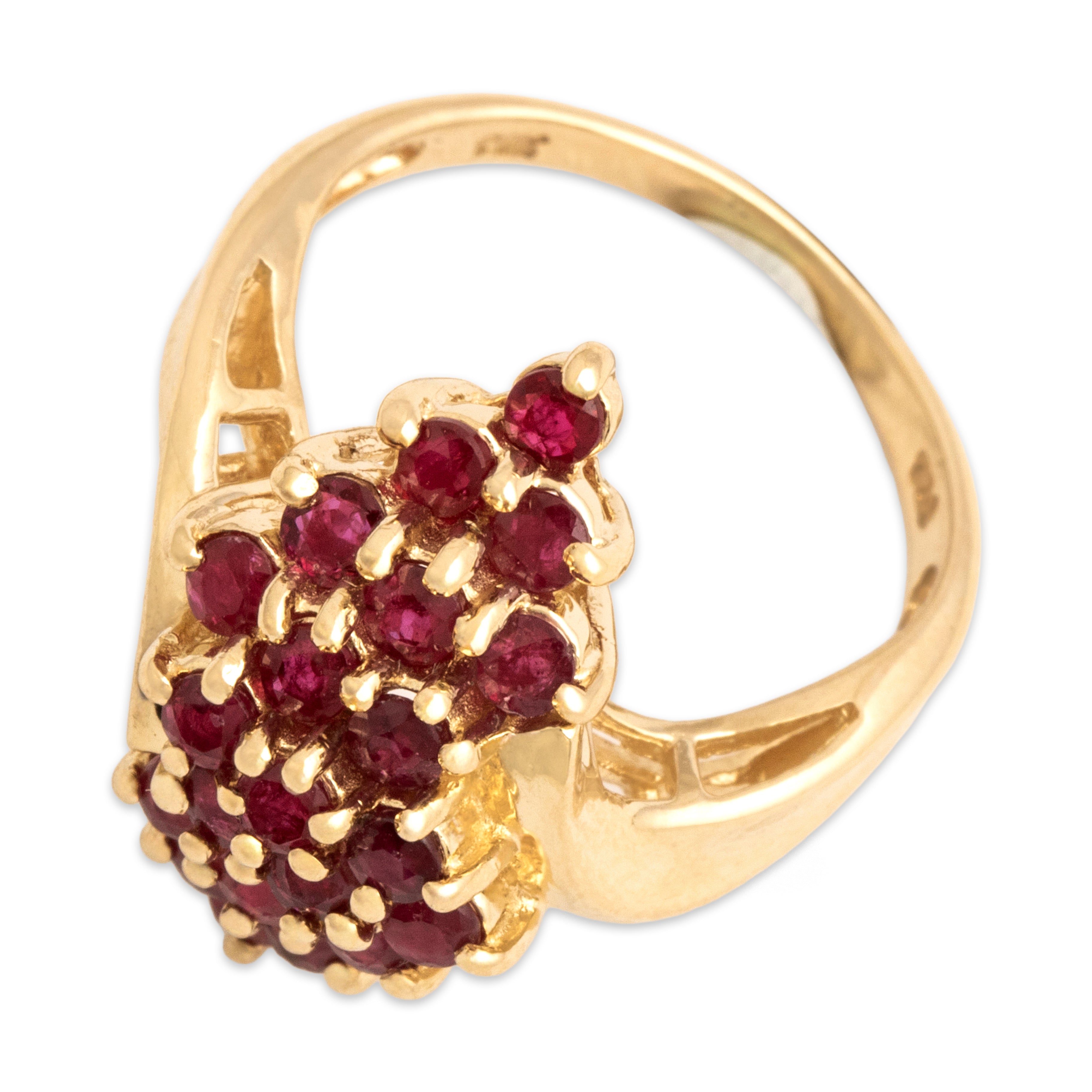 Vintage 14k Yellow Gold .88cttw Ruby Tall Flowing Cascade Ring - Overall view