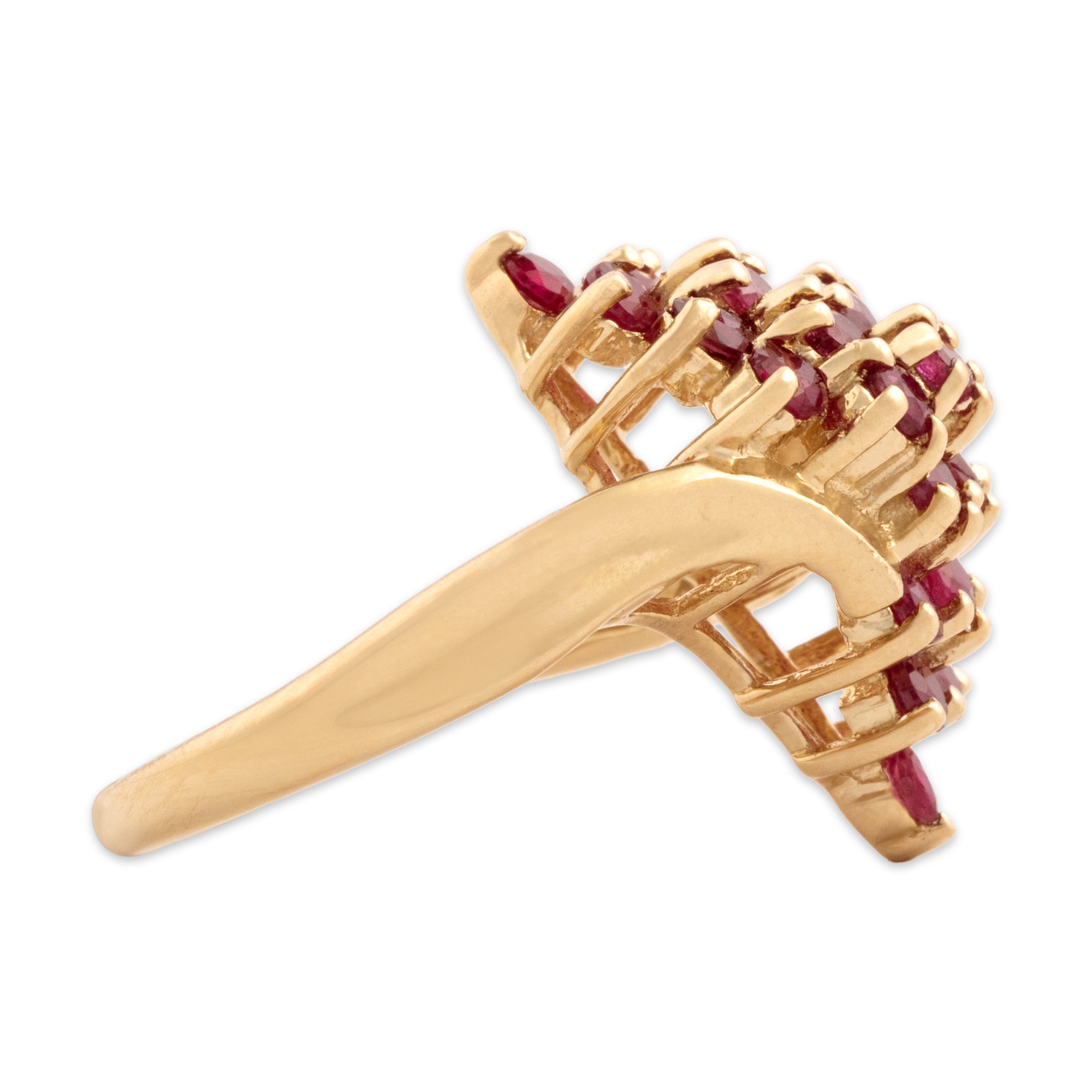 Vintage 14k Yellow Gold .88cttw Ruby Tall Flowing Cascade Ring - Side view