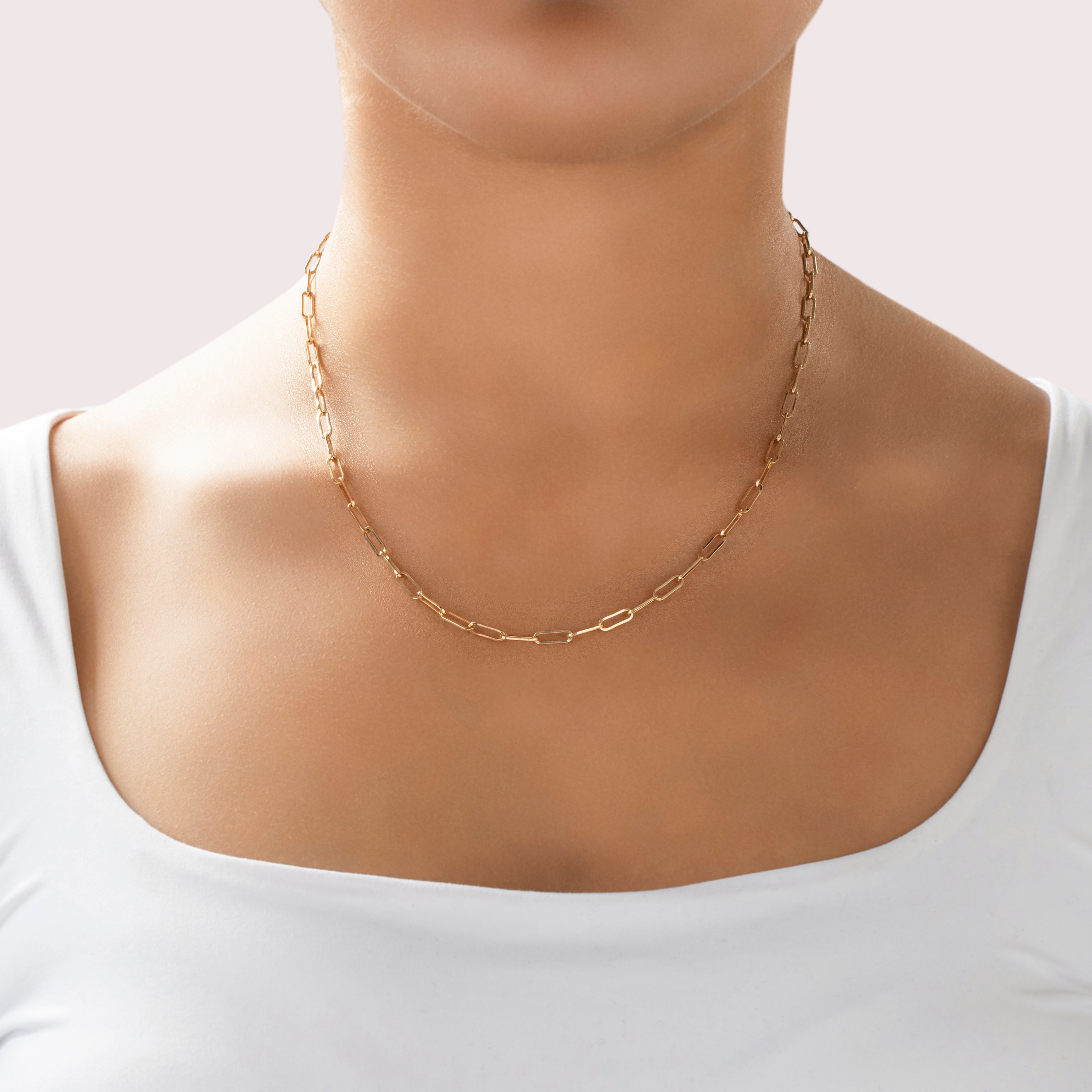 Vintage Italian 14k Yellow Gold Everyday Paperclip Link 3.2mm Chain - On model view