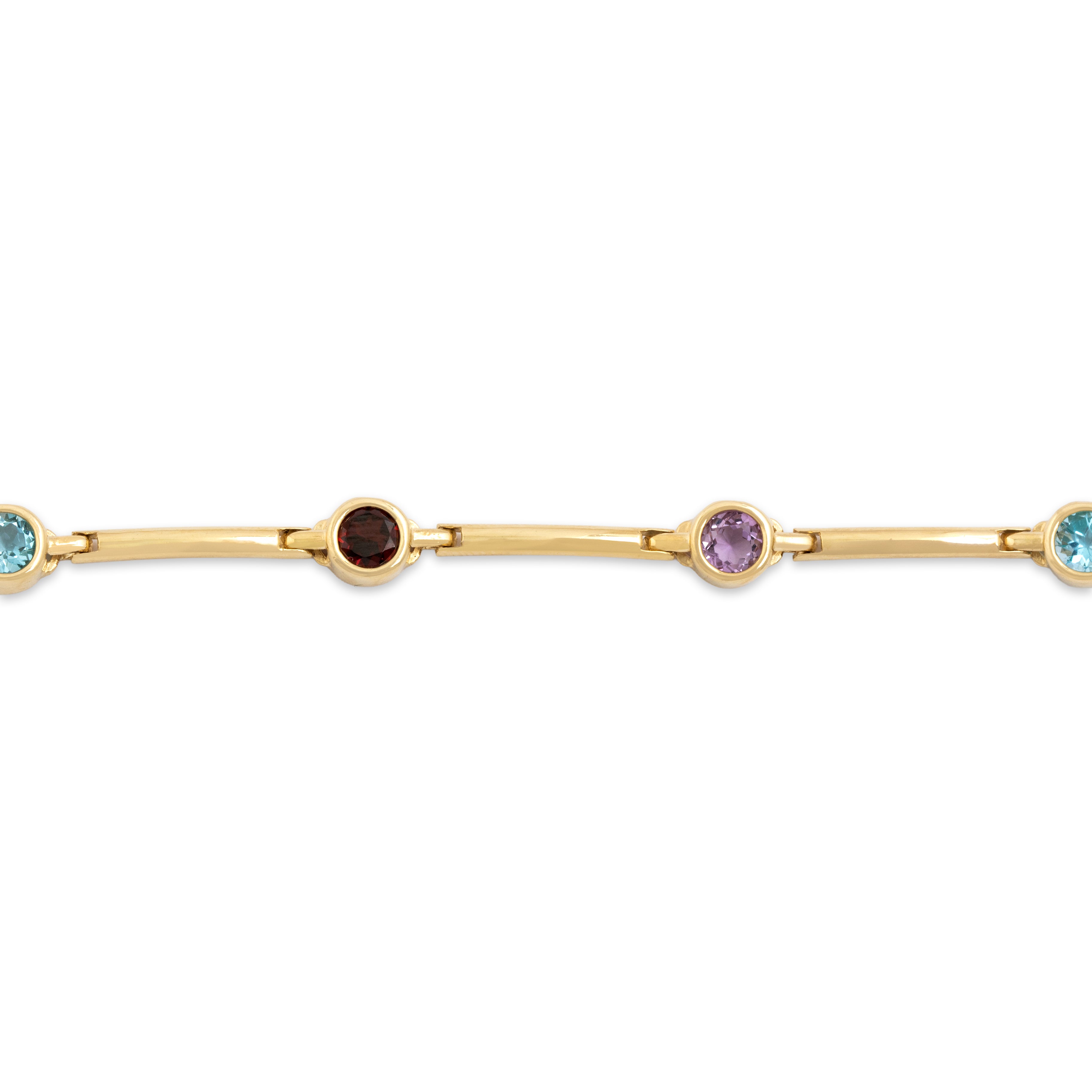 Vintage 14k Yellow Gold .98cttw Garnet .63cttw Blue Topaz Amethyst Stunning Bar Link Station Bracelet - Close-up view