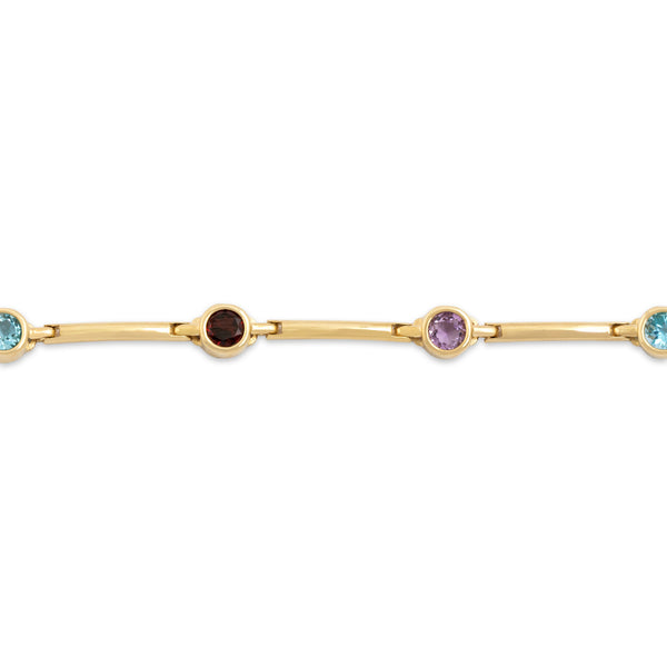 Vintage 14k Yellow Gold Garnet Blue Topaz Amethyst Bar Link Station Bracelet 7.5