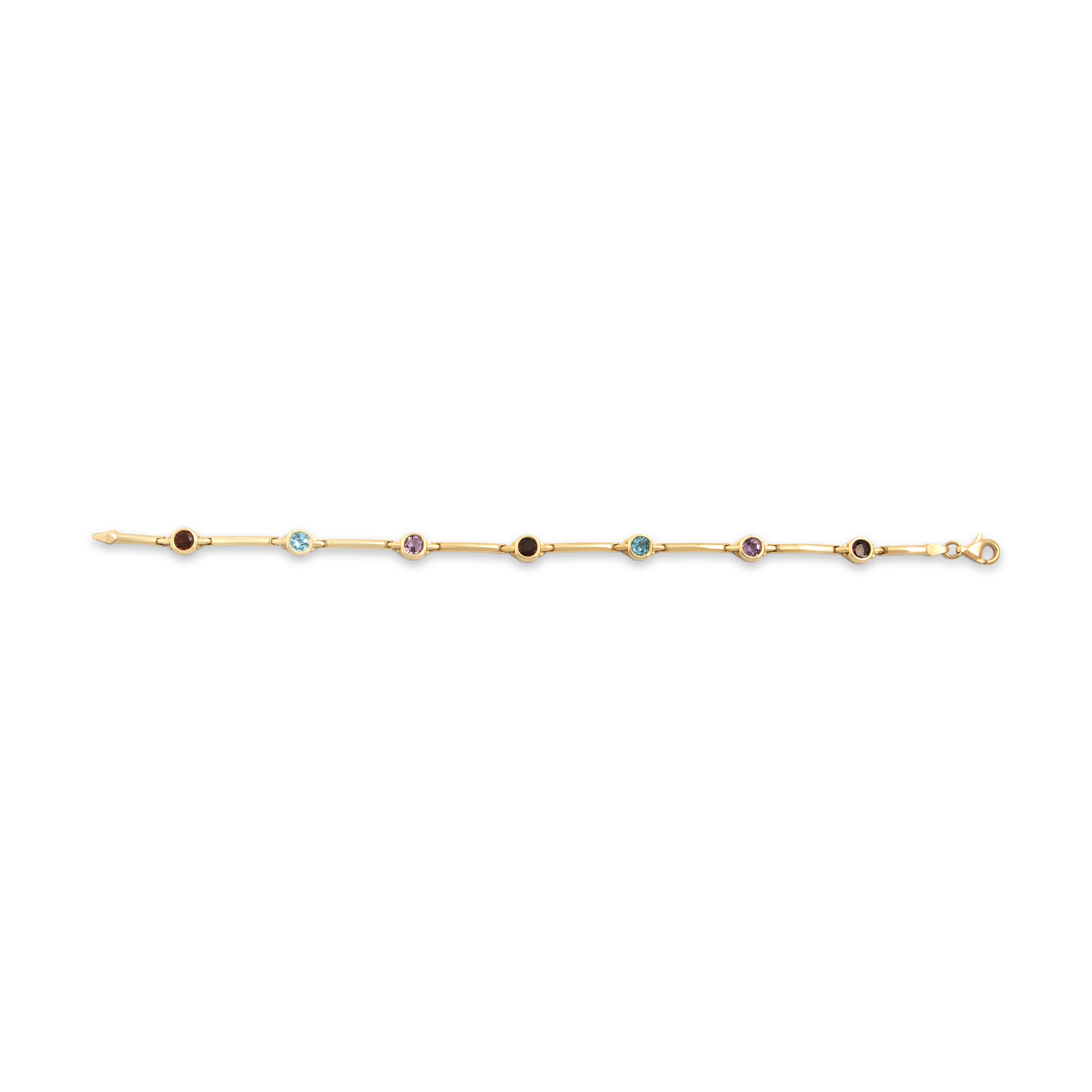 Vintage 14k Yellow Gold .98cttw Garnet .63cttw Blue Topaz Amethyst Stunning Bar Link Station Bracelet - Overall view