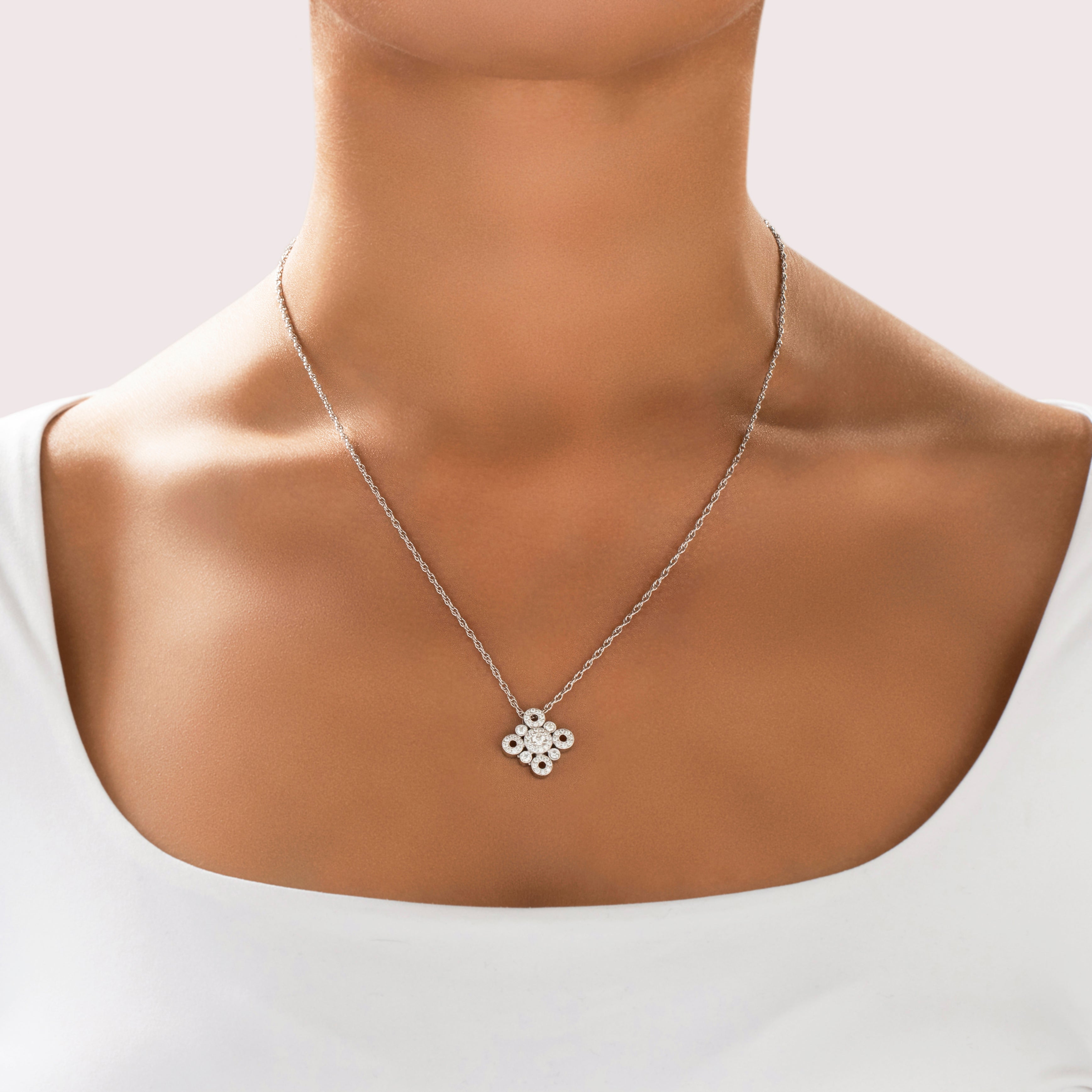 Estate 18k White Gold Diamond Circle Cluster Pave Pendant - On model view