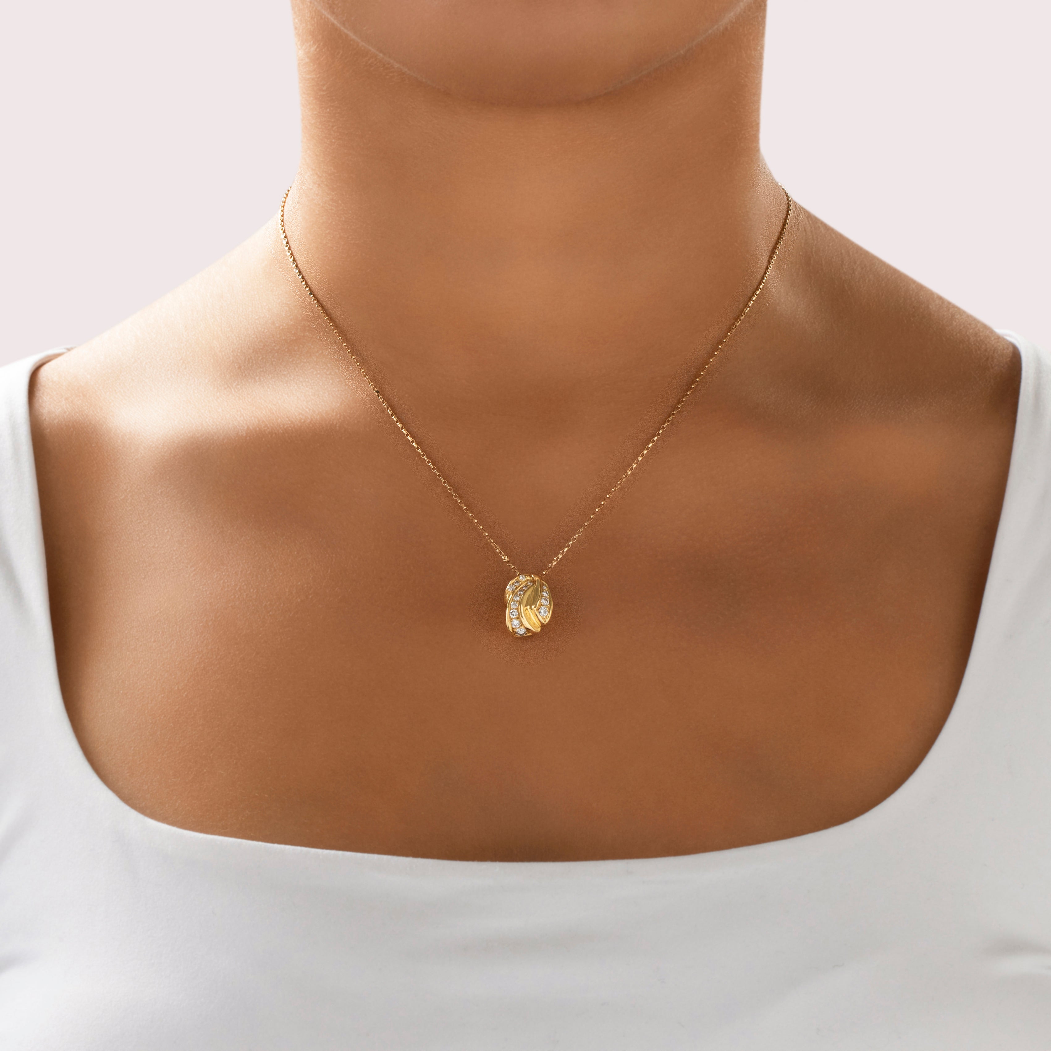 Vintage Heavy 18k Yellow Gold Diamond Abstract Swirl Pendant - On model view