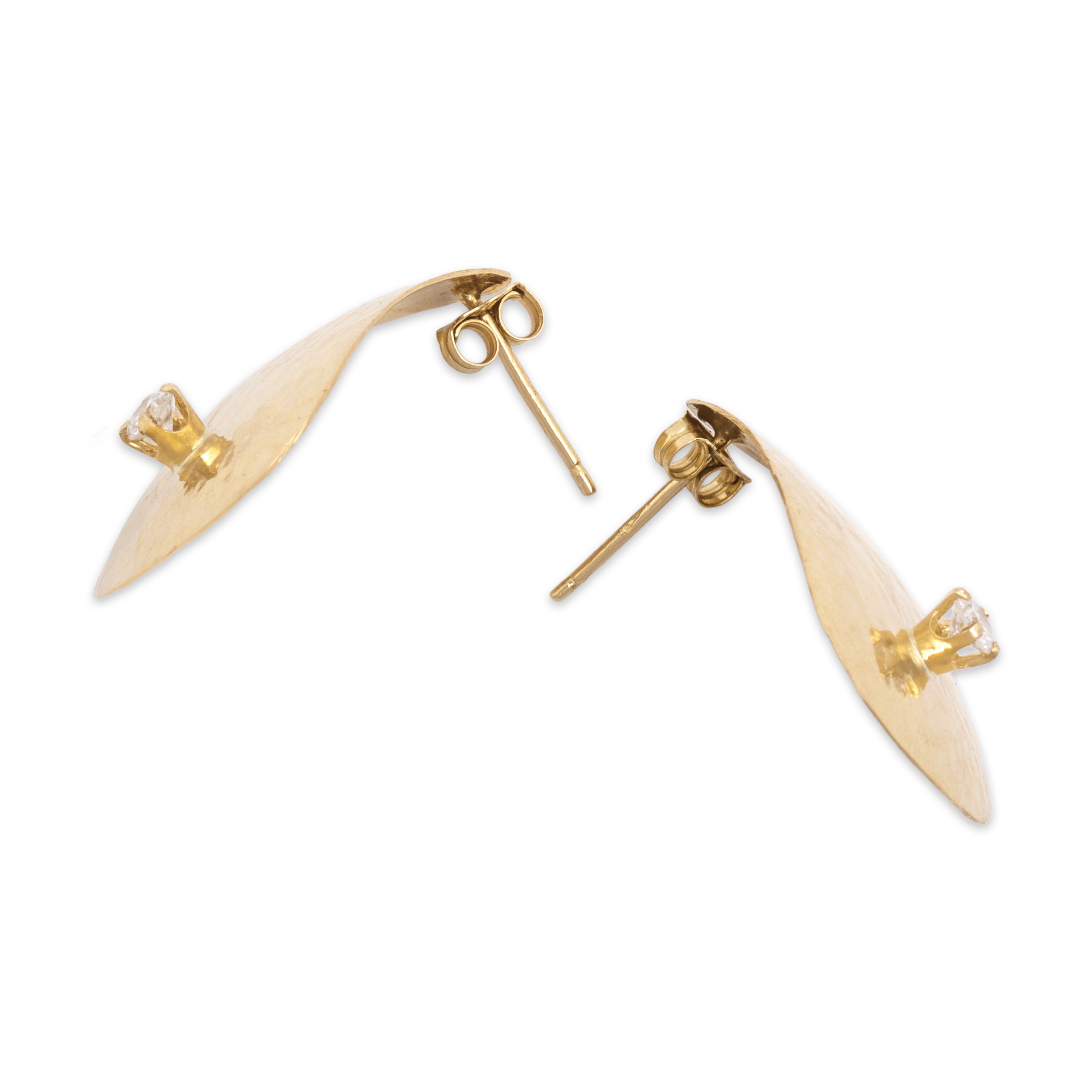 Vintage 14k Yellow Gold Diamond Sparkling Hammered Teardrop Statement Earrings - Side view