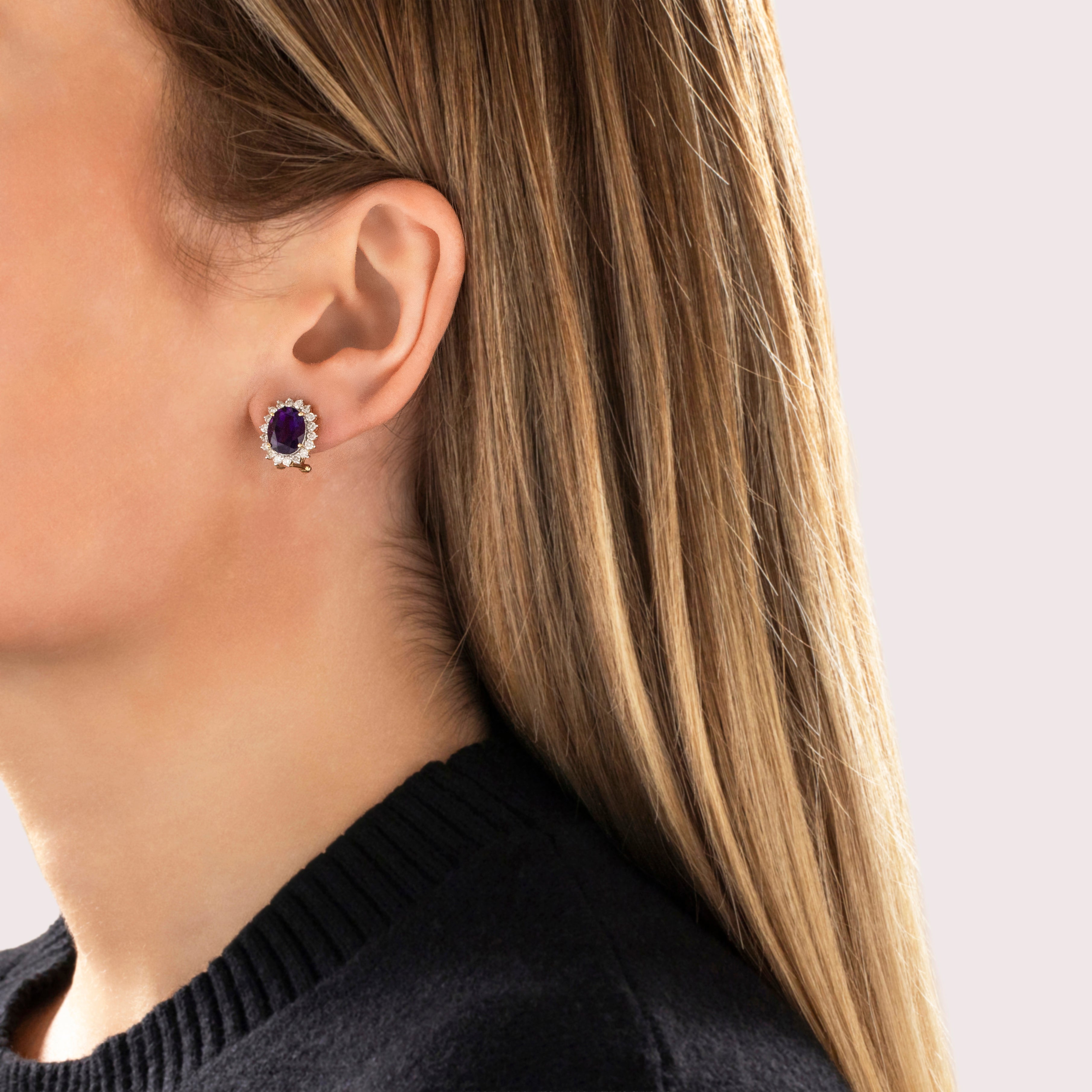 Vintage 14k Yellow Gold 4.58cttw Amethyst .57cttw Diamond Gleaming Halo Stud Earrings - On model view