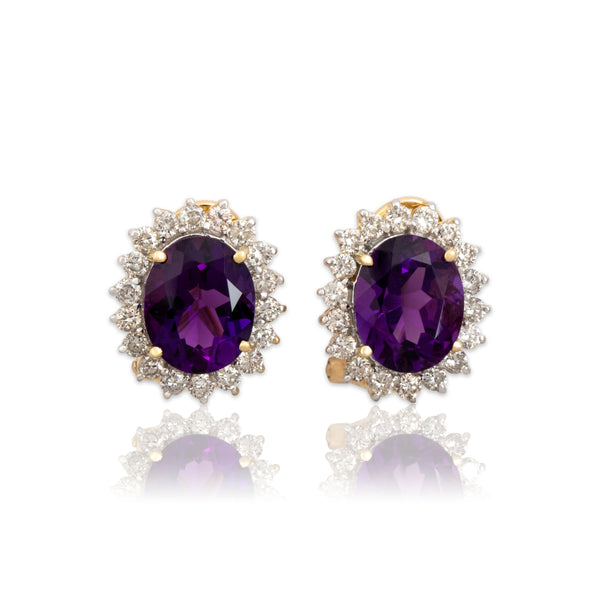 Vintage 14k Yellow Gold 4.58cttw Amethyst .57cttw Diamond Stunning Halo Earrings