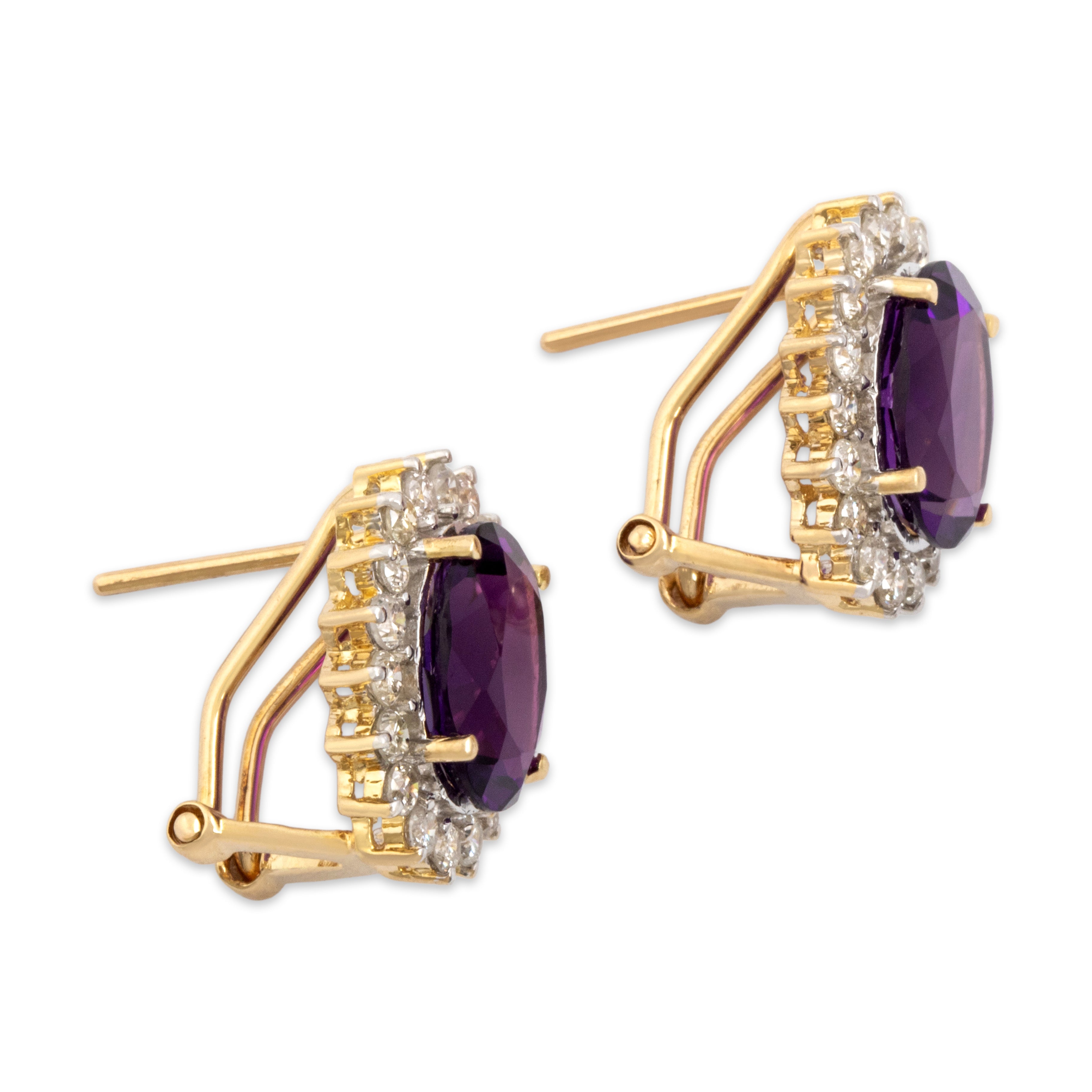 Vintage 14k Yellow Gold 4.58cttw Amethyst .57cttw Diamond Gleaming Halo Stud Earrings - Side view