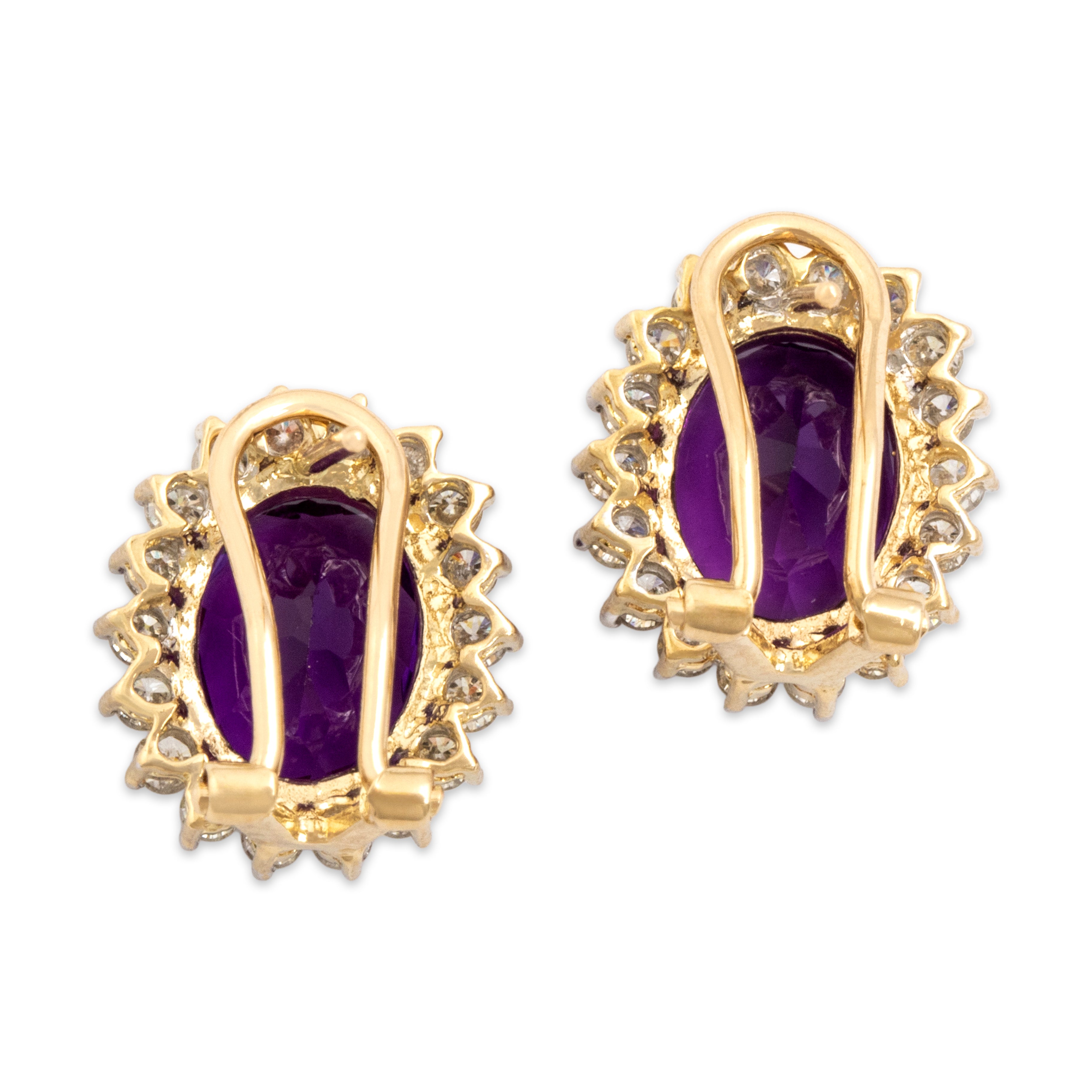 Vintage 14k Yellow Gold 4.58cttw Amethyst .57cttw Diamond Gleaming Halo Stud Earrings - Back view