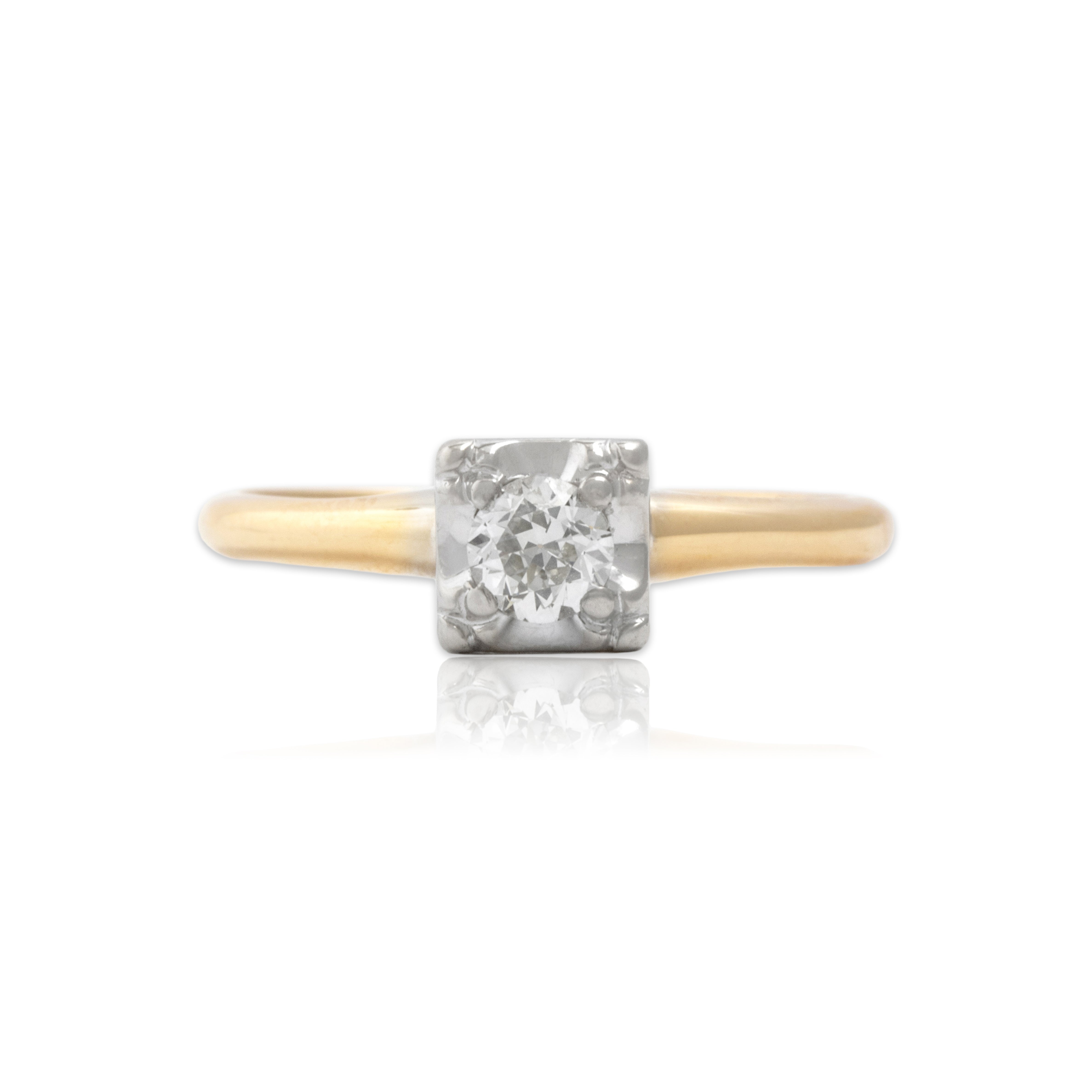 Vintage 14k Yellow & White Gold Old European Cut Diamond Square-Set Architectural Solitaire Ring - Close-up view