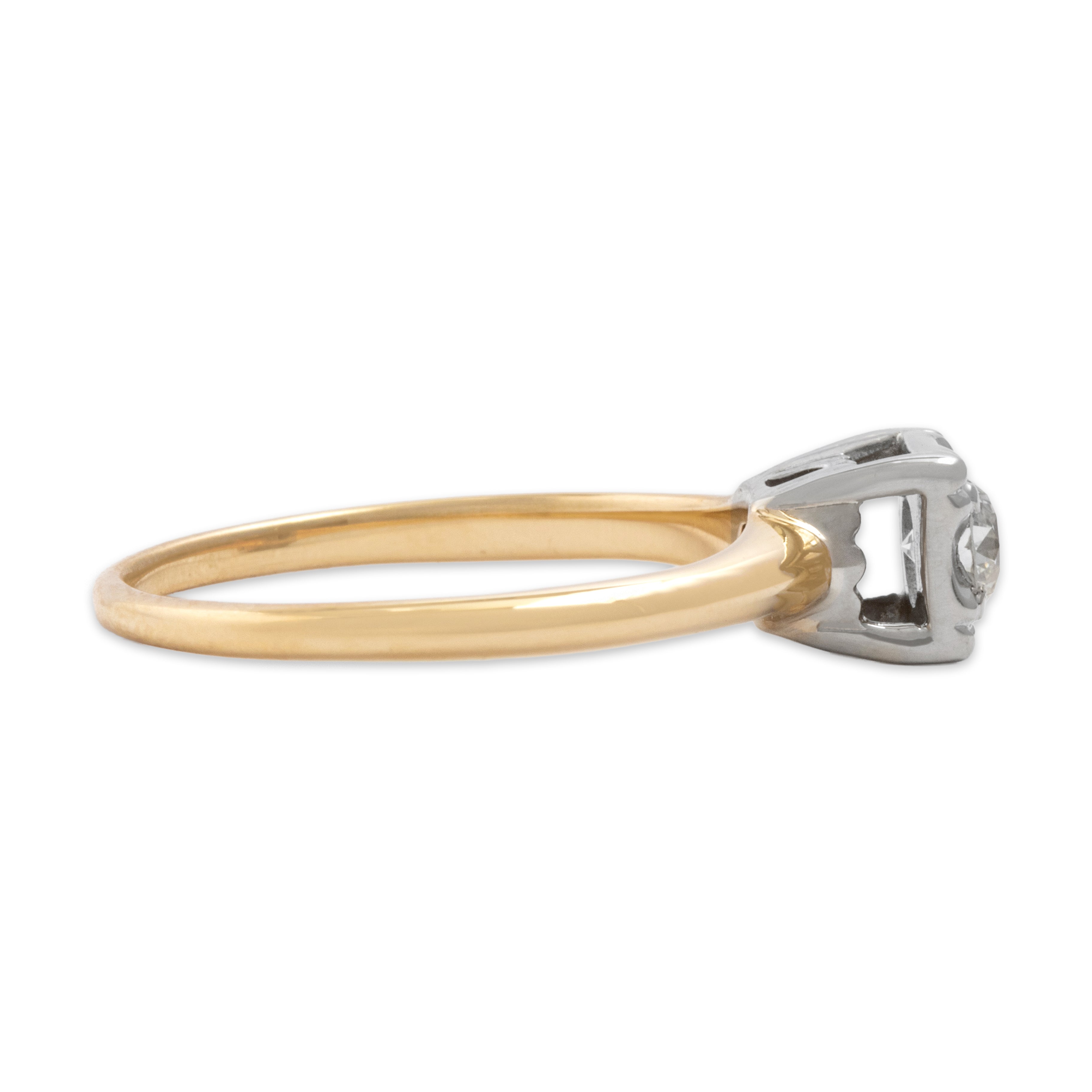 Vintage 14k Yellow & White Gold Old European Cut Diamond Square-Set Architectural Solitaire Ring - Side view