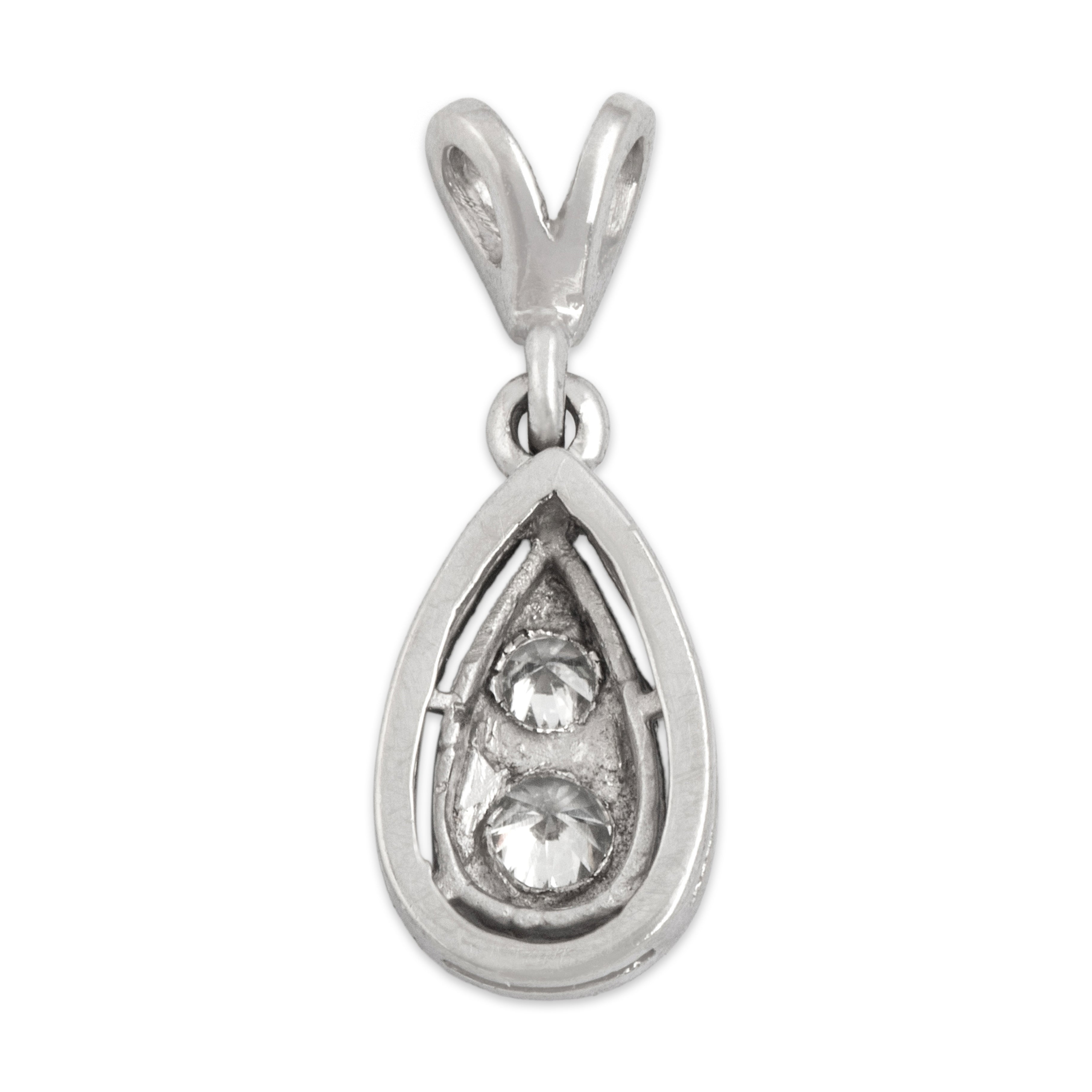 Vintage 14k White Gold Diamond Glittering Framed Teardrop Pendant - Back view