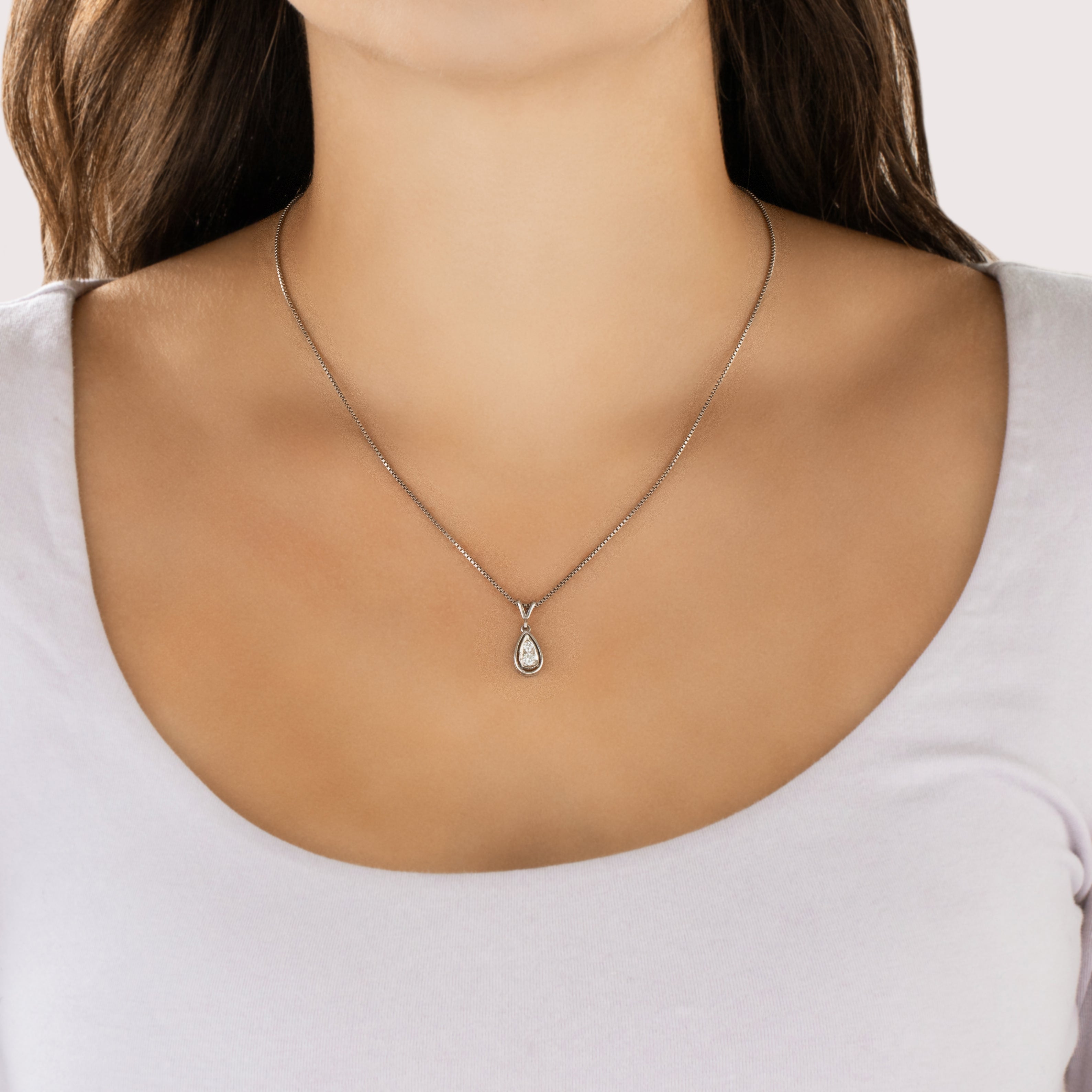 Vintage 14k White Gold Diamond Glittering Framed Teardrop Pendant - On model view