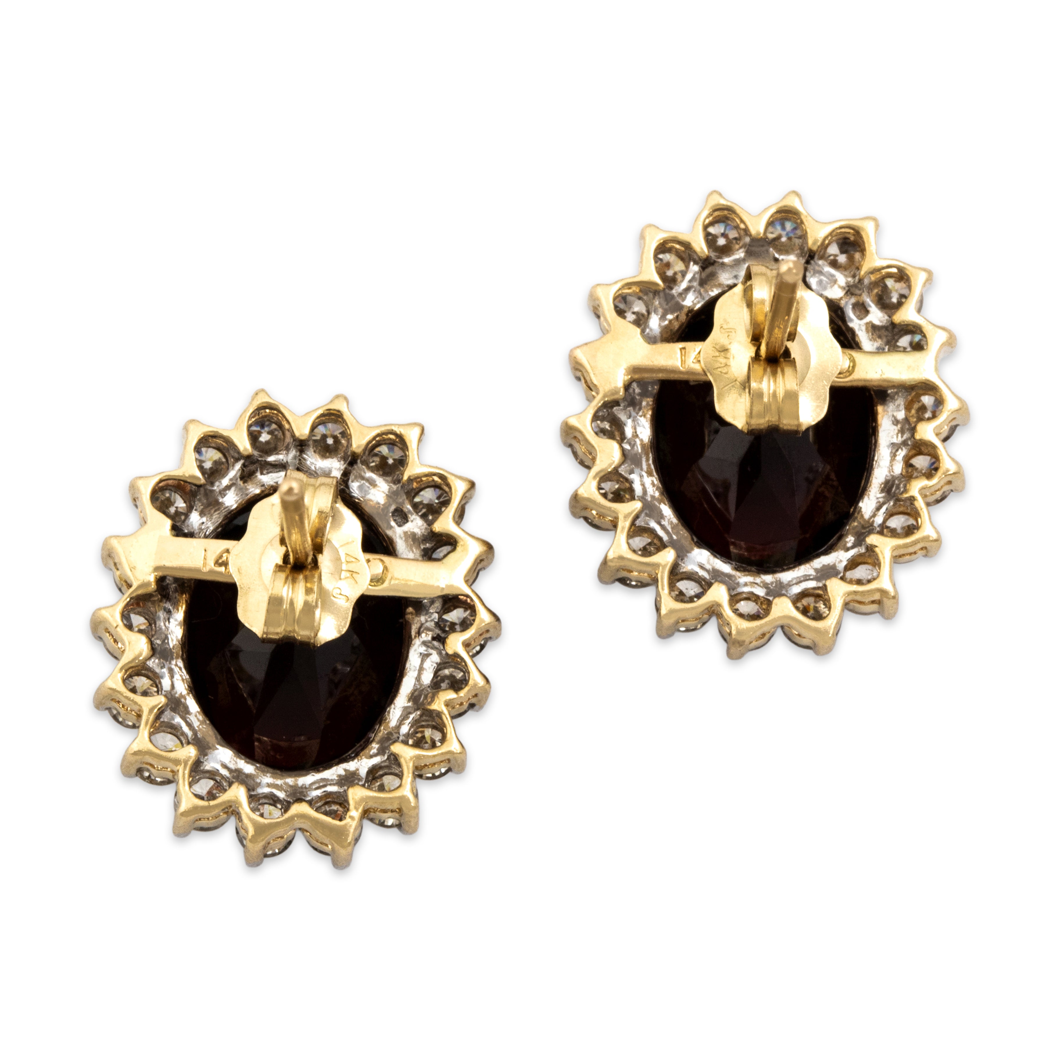 Vintage 14K Yellow Gold 5.24cttw Garnet Diamond Striking Sparkling Halo Stud Earrings - Back view