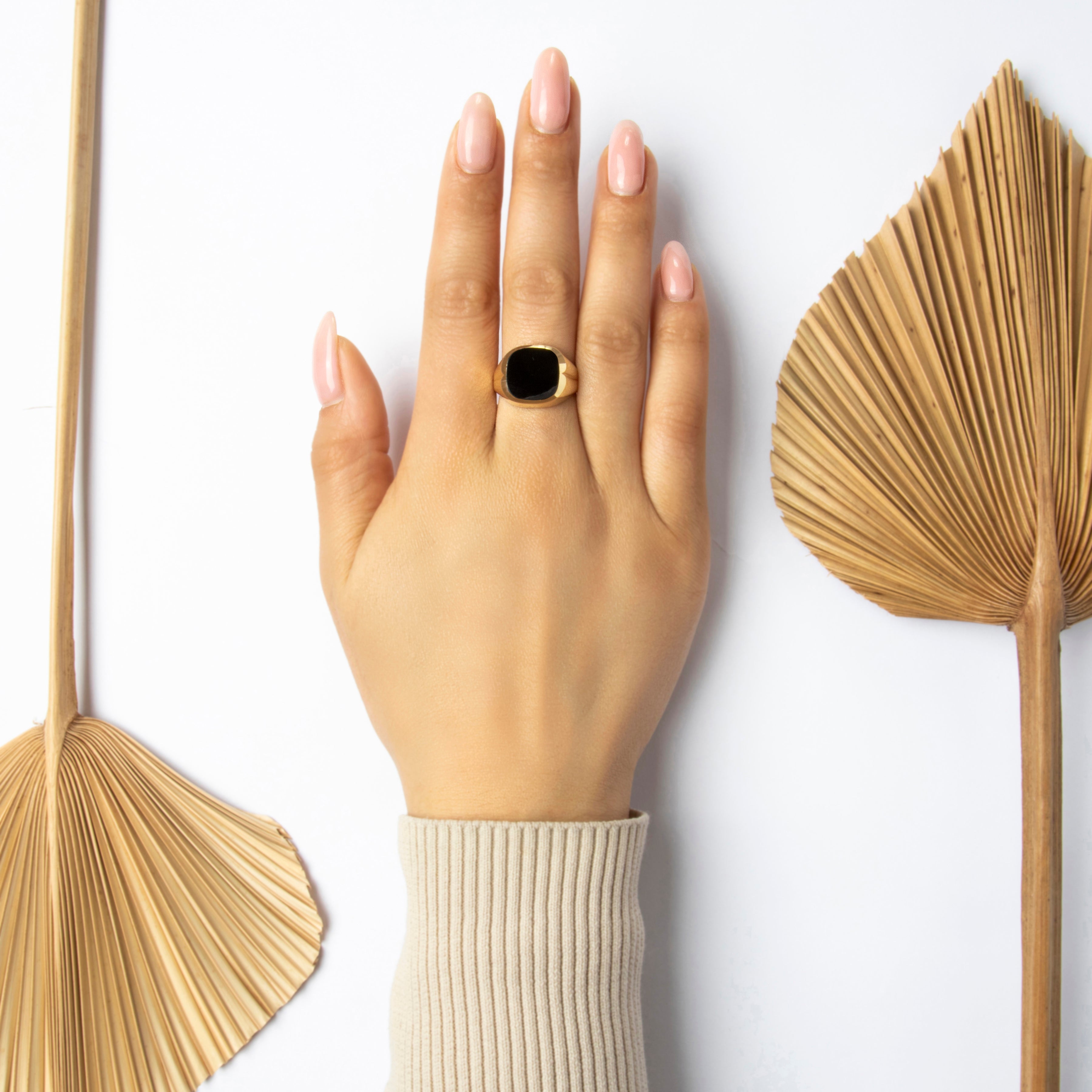 14k Yellow Gold Vintage Onyx Bold Statement Ring - On model view