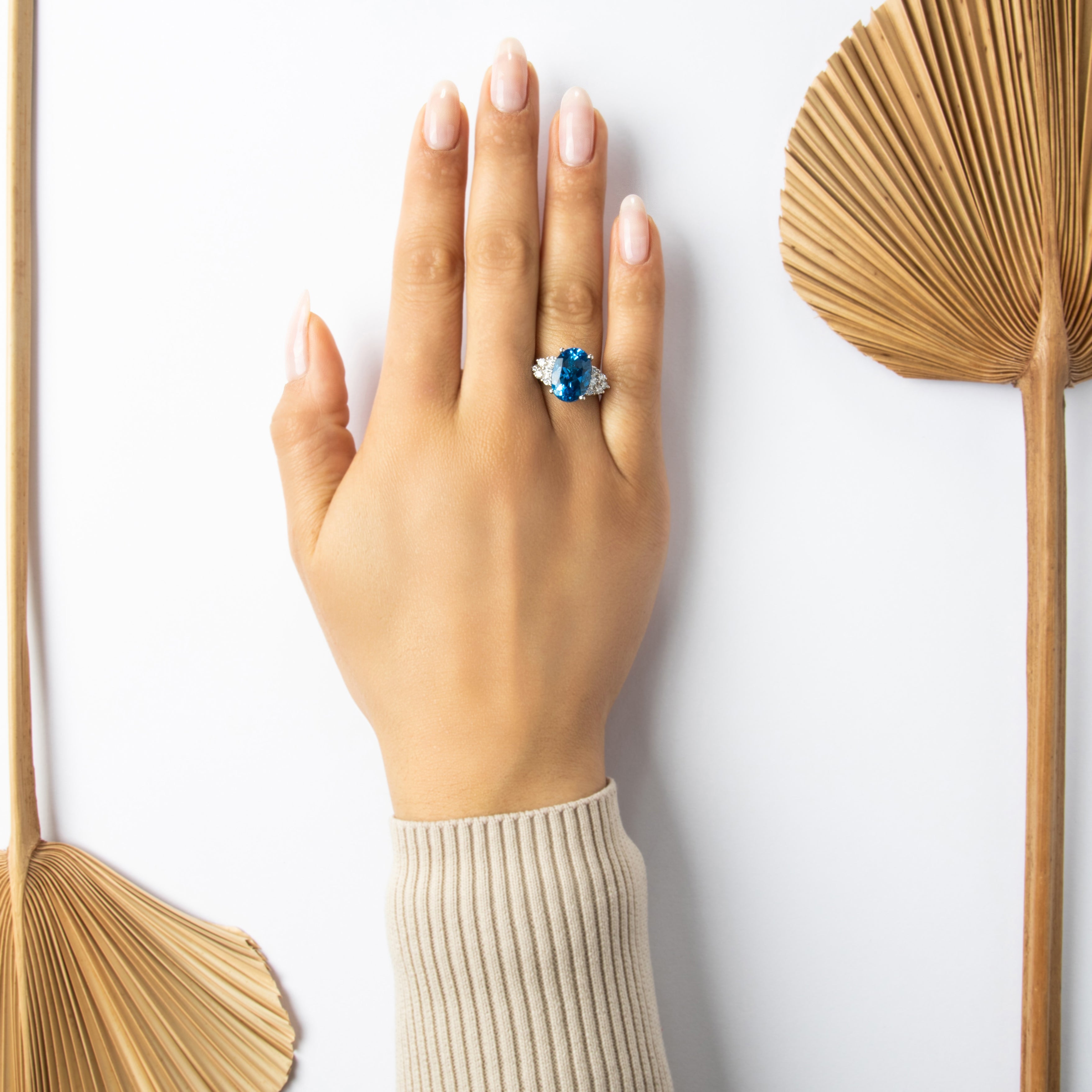 Vintage 14k White Gold 7.08ct Swiss Blue Topaz .56cttw Diamond Striking Oval Cluster Cocktail Ring - On model view