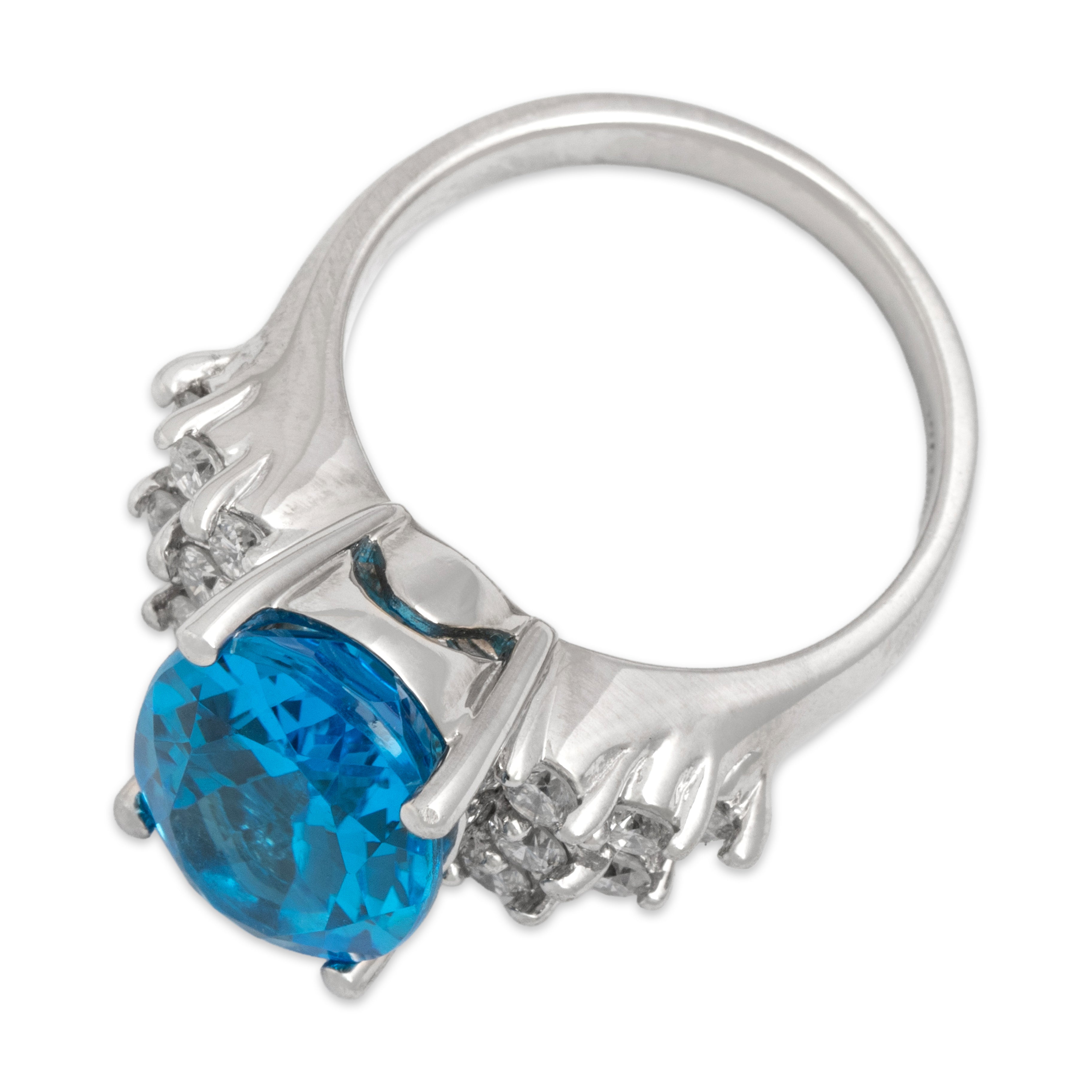 Vintage 14k White Gold 7.08ct Swiss Blue Topaz .56cttw Diamond Striking Oval Cluster Cocktail Ring - Overall view