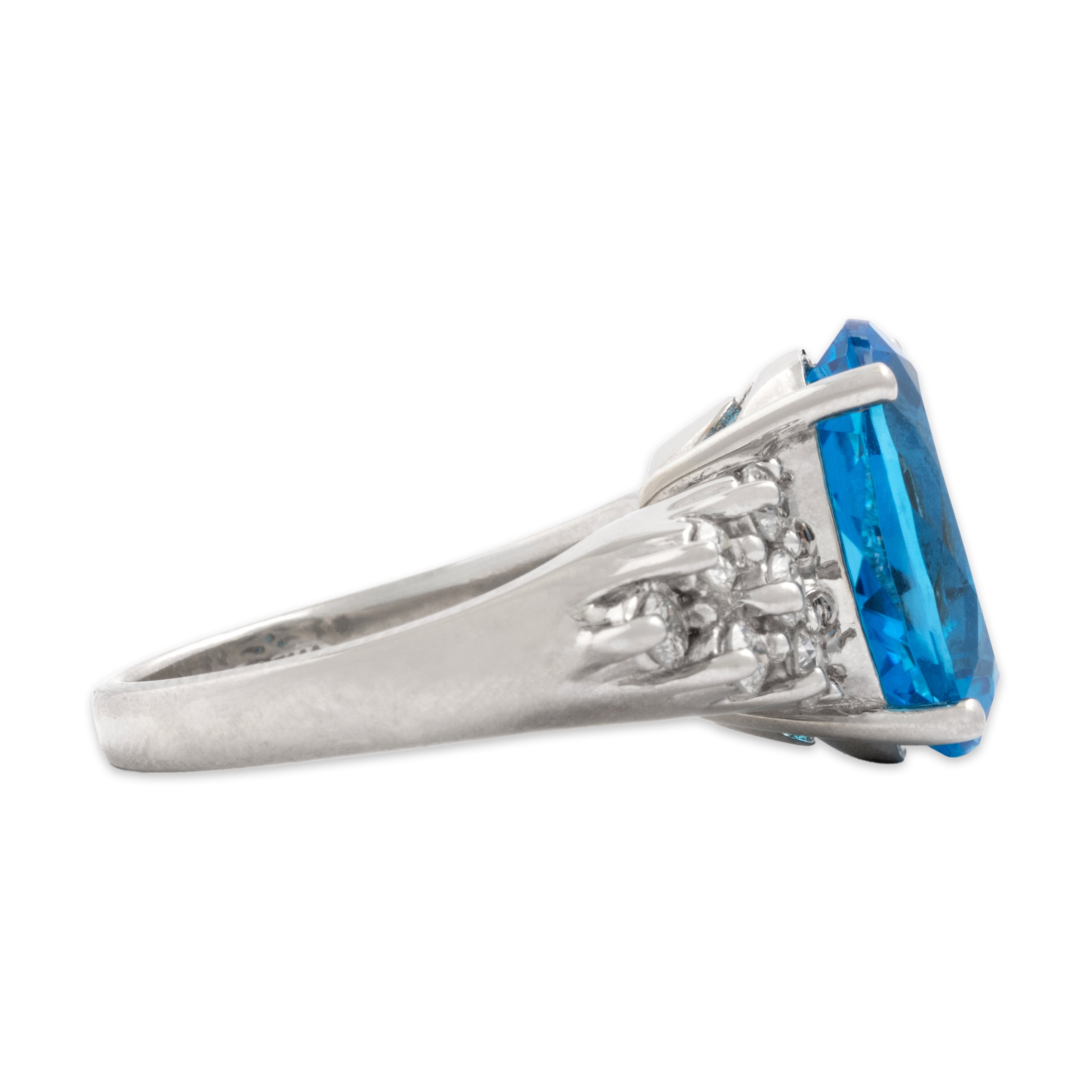 Vintage 14k White Gold 7.08ct Swiss Blue Topaz .56cttw Diamond Striking Oval Cluster Cocktail Ring - Side view