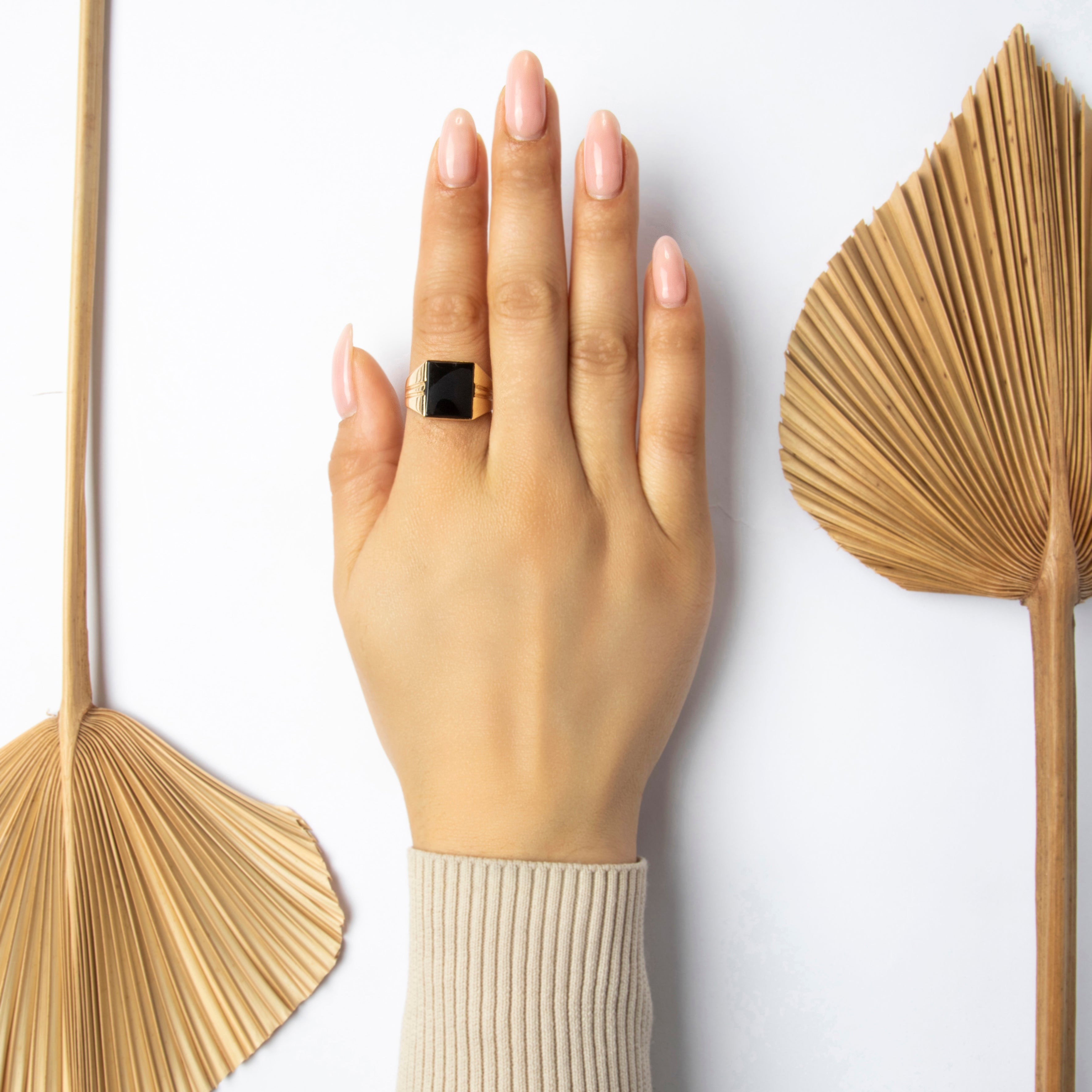 Vintage 14k Yellow Gold Bold Geometric Signet Ring Onyx - On model view