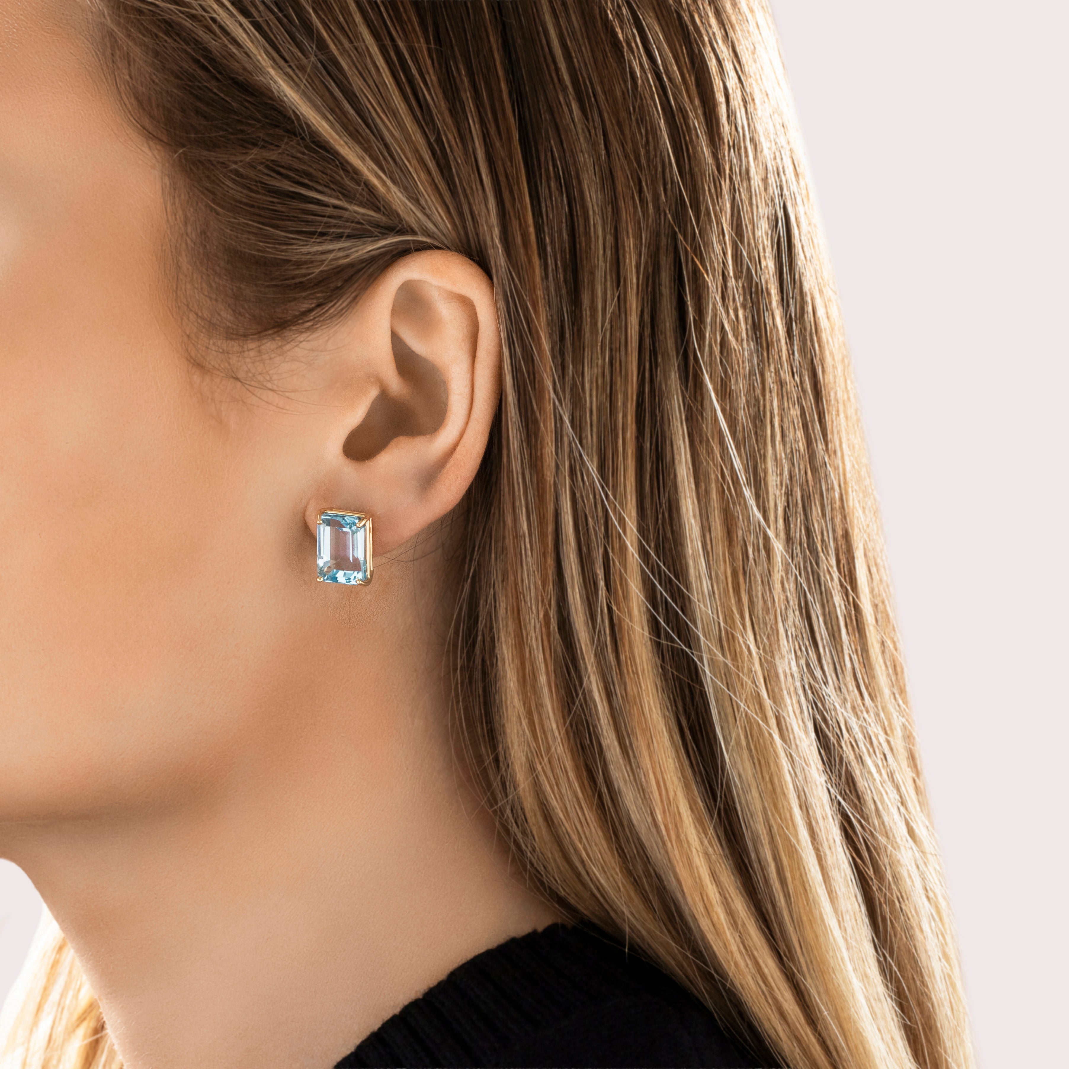Vintage Large Bright 14k Yellow Gold 17.64cttw Swiss Blue Topaz Emerald Stud Earrings - On model view