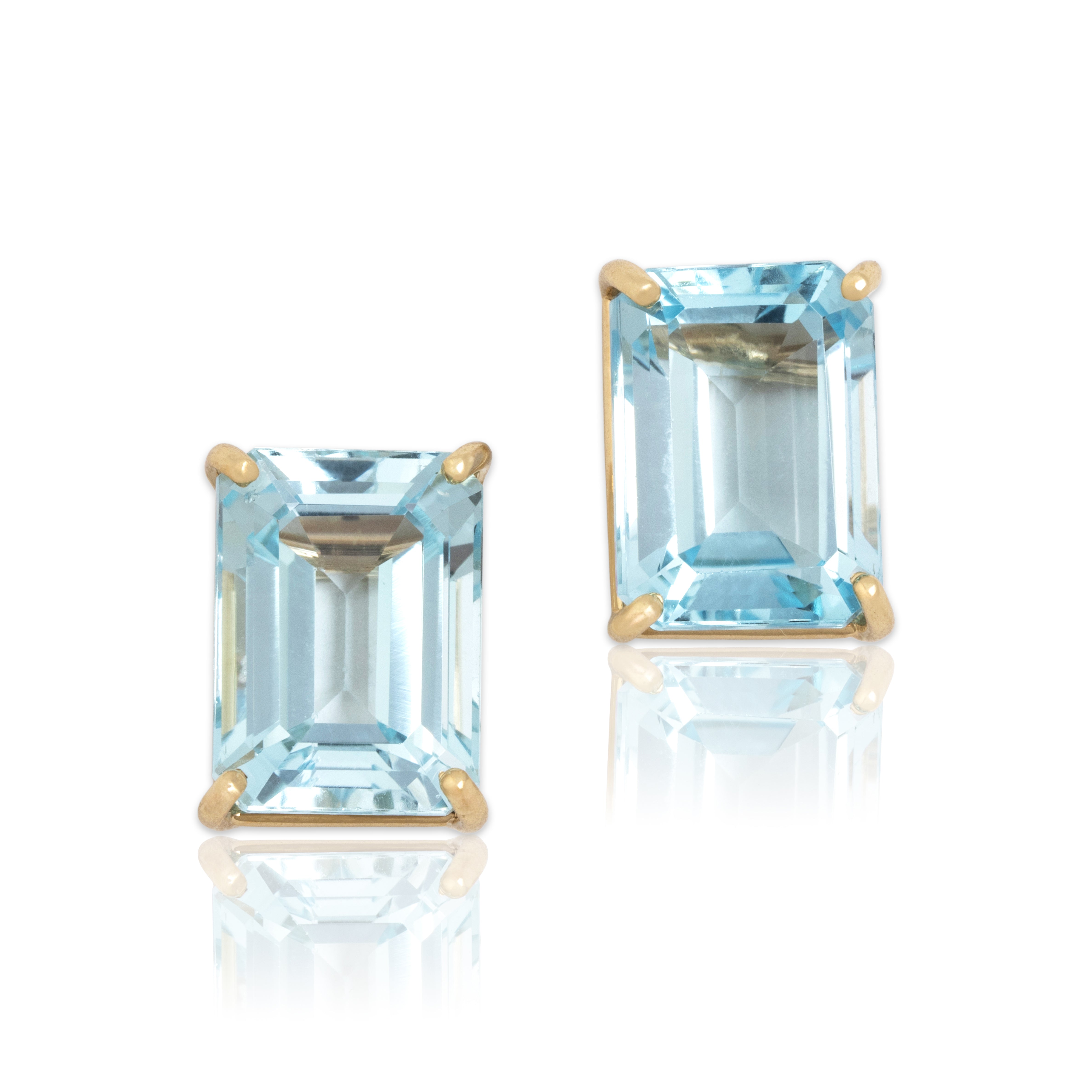 Vintage Large Bright 14k Yellow Gold 17.64cttw Swiss Blue Topaz Emerald Stud Earrings - Close-up view