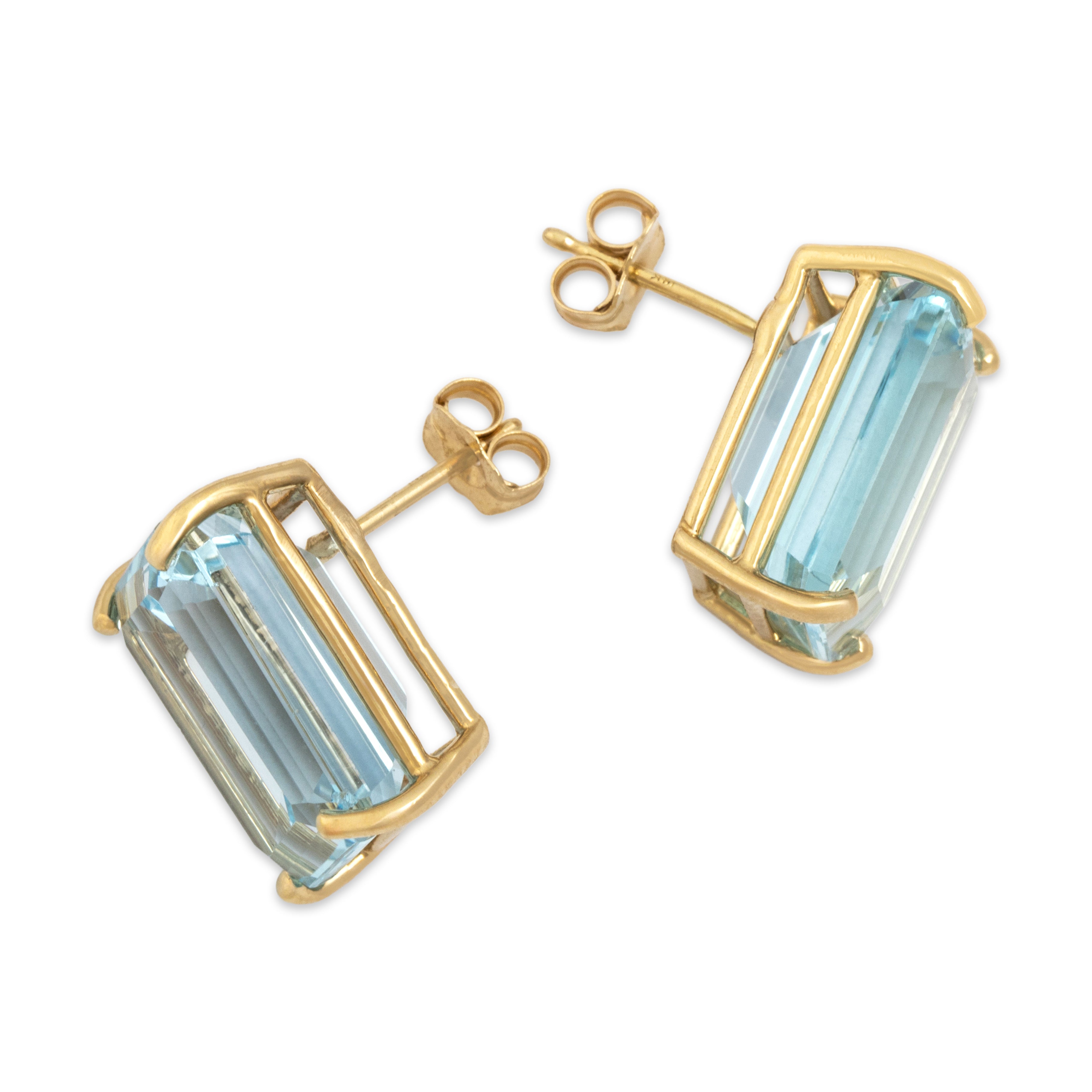 Vintage Large Bright 14k Yellow Gold 17.64cttw Swiss Blue Topaz Emerald Stud Earrings - Side view